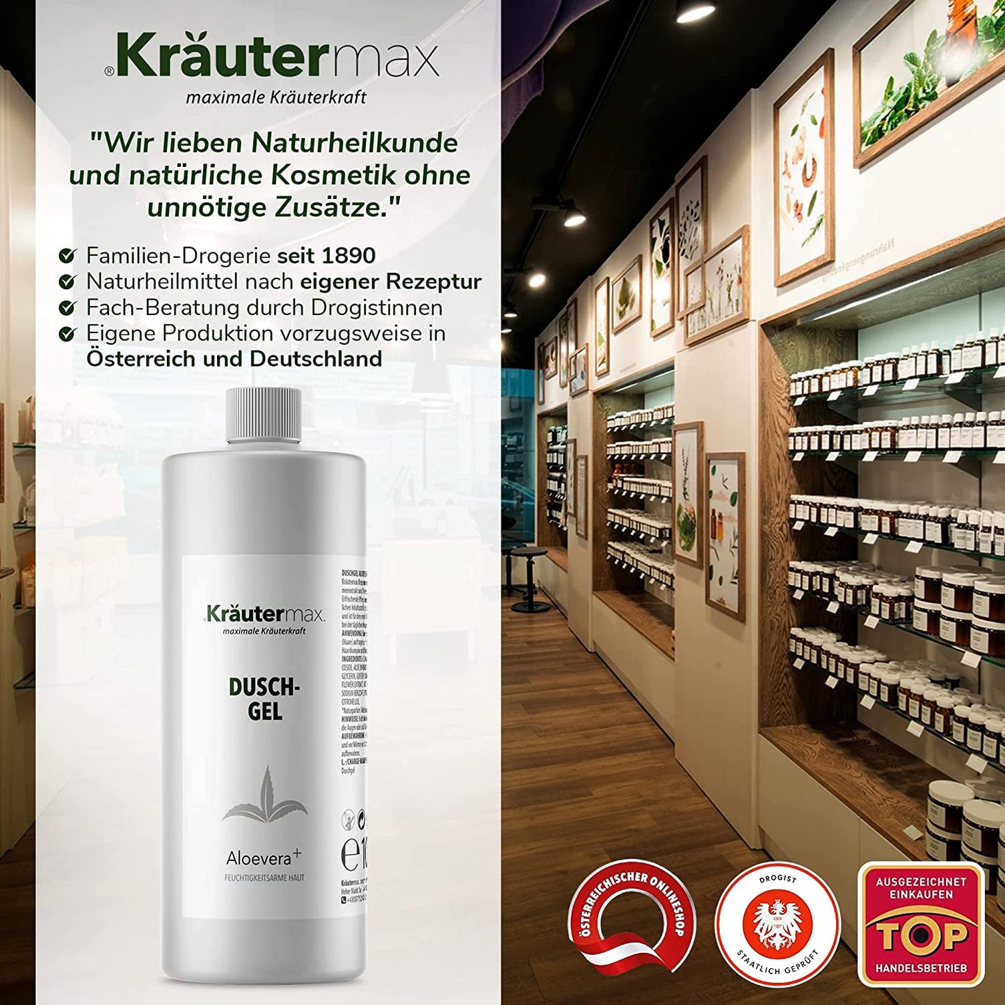 Aloe Vera Duschgel Flasche vor modernem Drogerieladen, Naturkosmetik Regale im Hintergrund