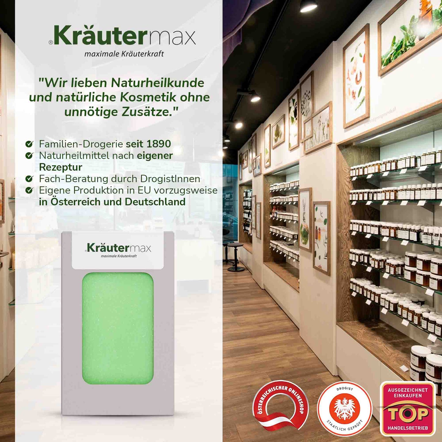 Aloe Vera Naturseife in grüner Farbe, präsentiert in moderner Drogerieeinrichtung mit Regalen voller Gläser und Pflanzenbildern an der Wand.