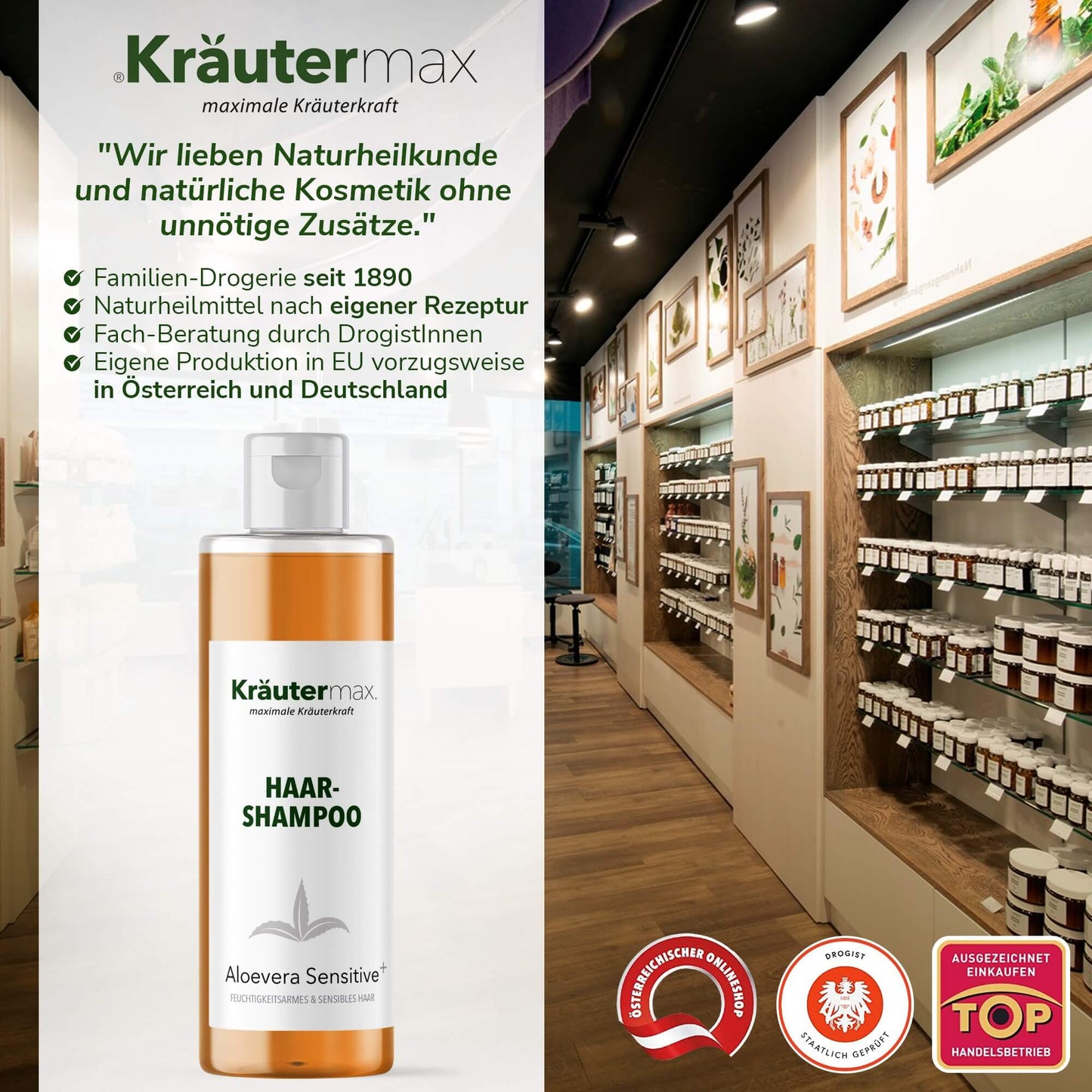 Aloe Vera Shampoo für empfindliches Haar vor Regalen mit Naturkosmetik in moderner Drogerie