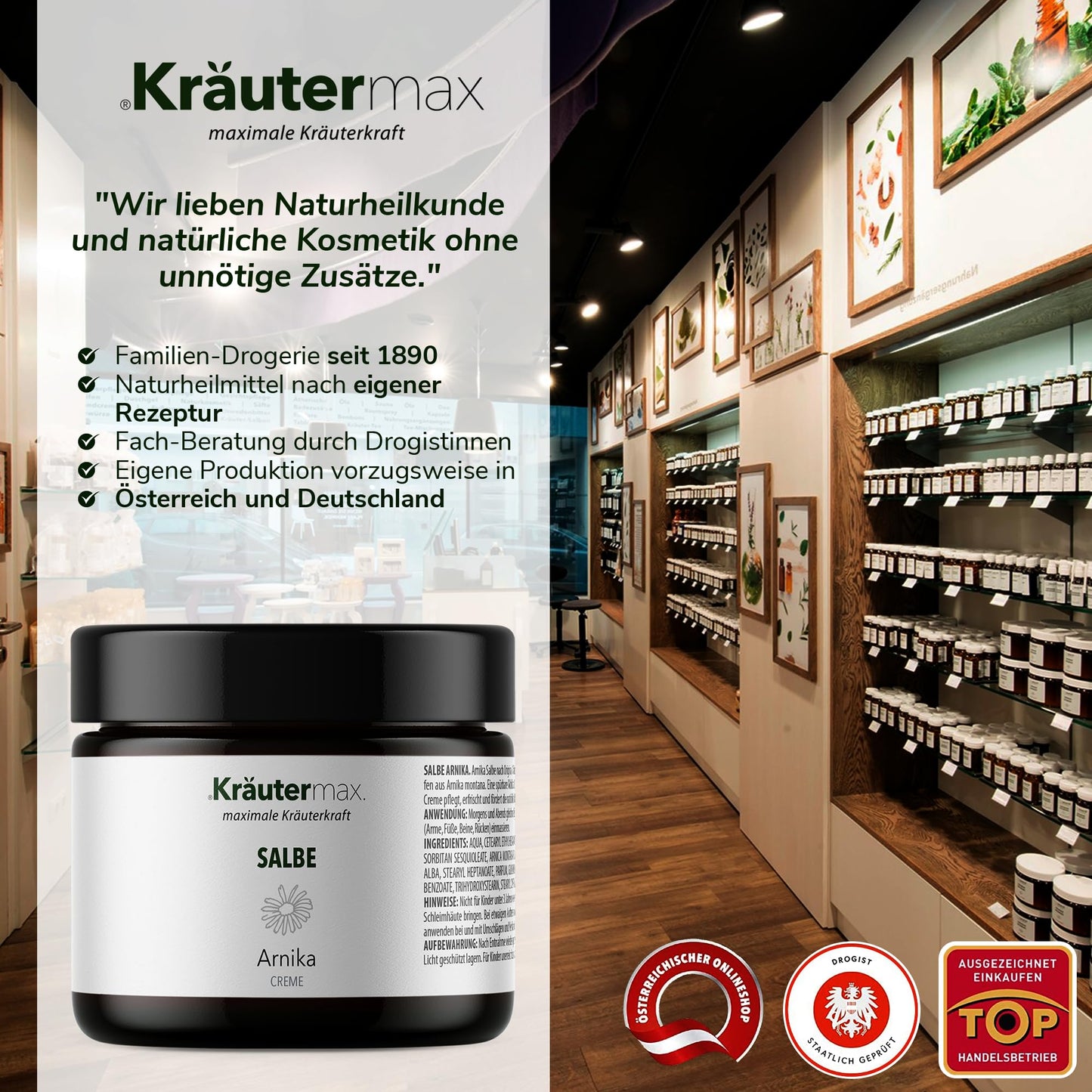 Arnika Salbe Naturkosmetik im Glas, Drogerie-Innenraum mit Regalen voller Kräuterprodukte
