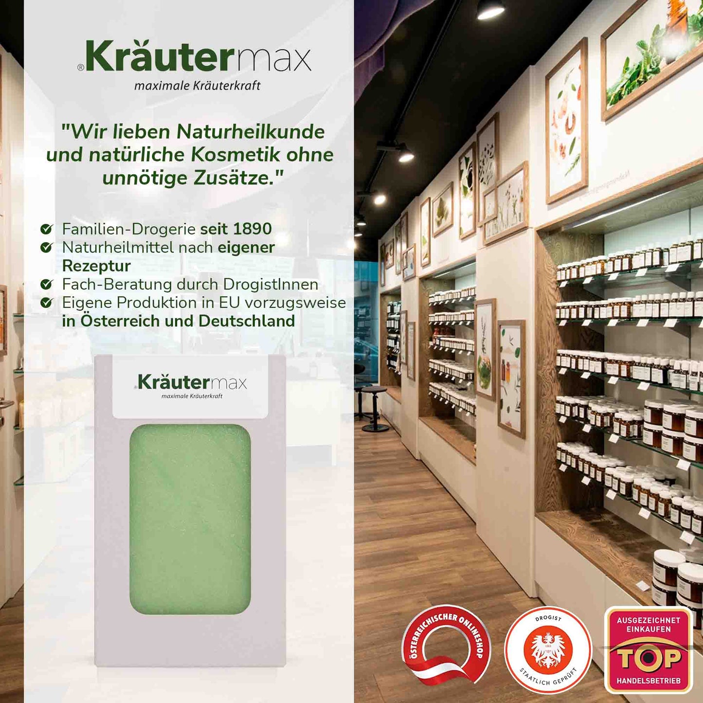 Naturkosmetik Avocado Seife in Verpackung, Verkaufsregal in moderner Drogerie