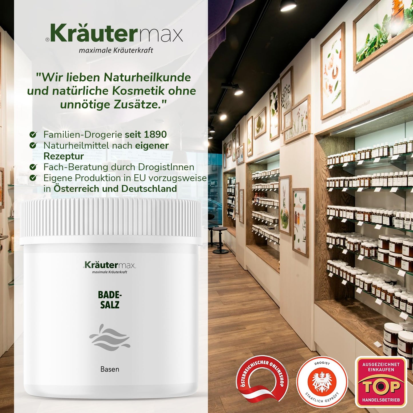 Basisches Badesalz in weißem Behälter, Naturkosmetik-Regal in moderner Drogerie