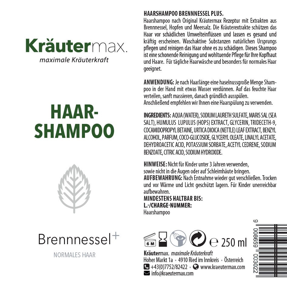 Etikett eines Brennnessel Shampoos für normales Haar mit Inhaltsstoffen und Anwendungshinweisen.