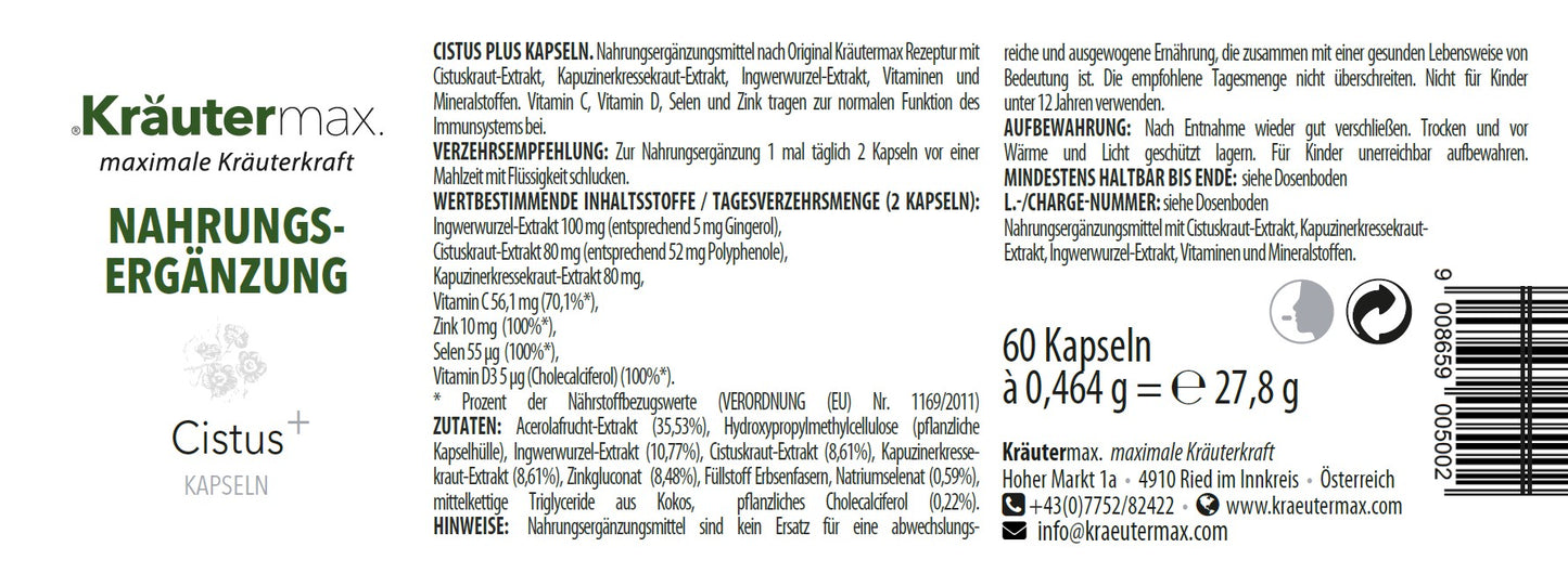 Etikett von Cistus Incanus Kapseln, Nahrungsergänzung mit Cistuskraut, Ingwer, Vitaminen, 60 Stück