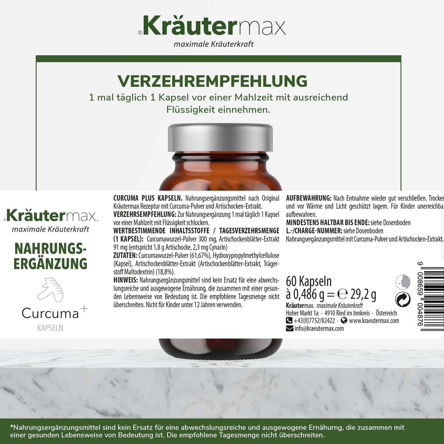 Curcuma Kapseln Nahrungsergänzung Glasdose mit Etikett, Zutatenliste und Dosierungshinweis