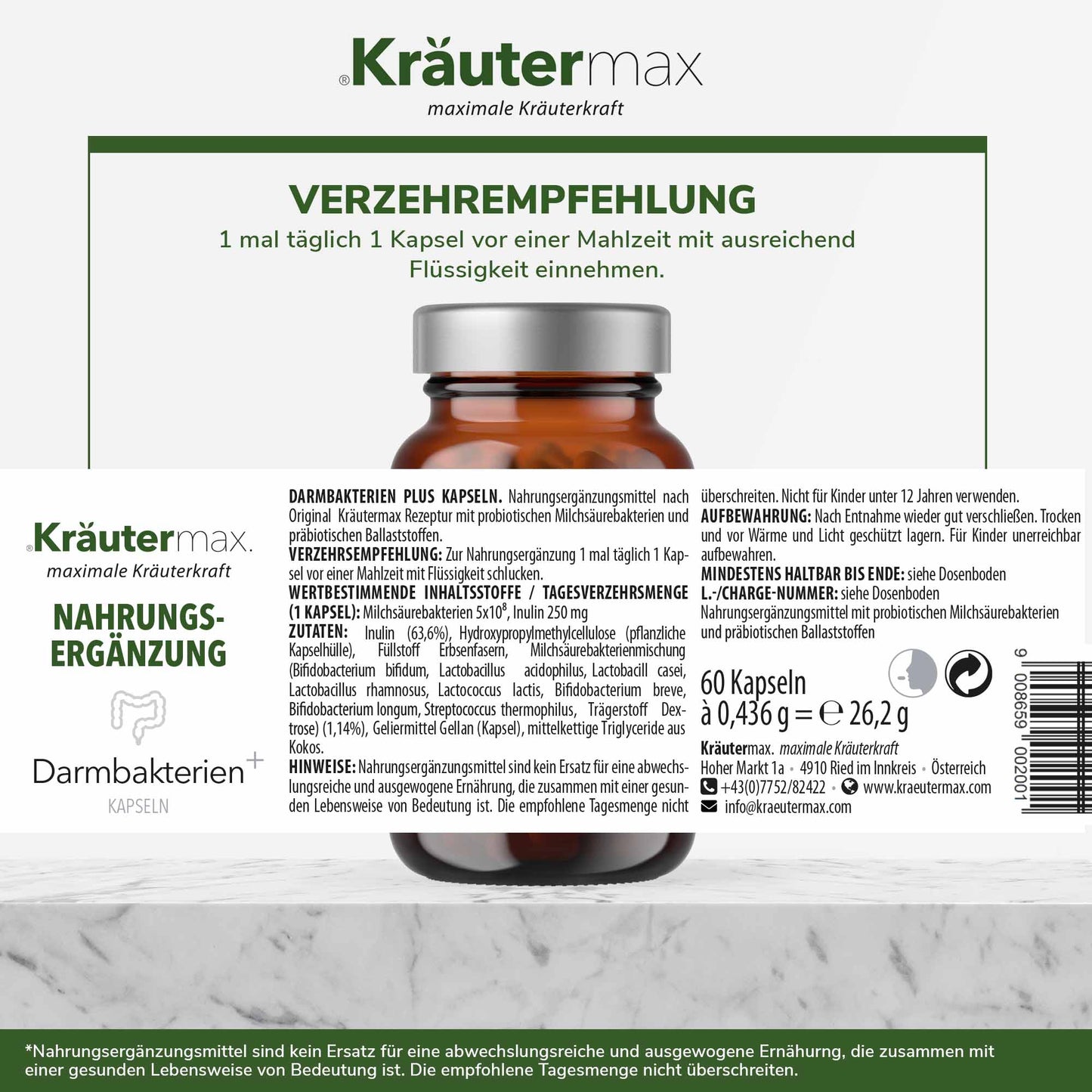 Etikett einer Nahrungsergänzung mit Darmbakterien-Kapseln, Glasdose, Zutaten und Verzehrempfehlung