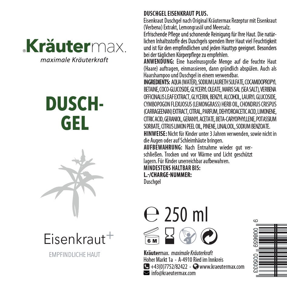 Etikett von Eisenkraut Duschgel für empfindliche Haut mit Inhaltsstoffen, Anwendungshinweisen und 250 ml Angabe.