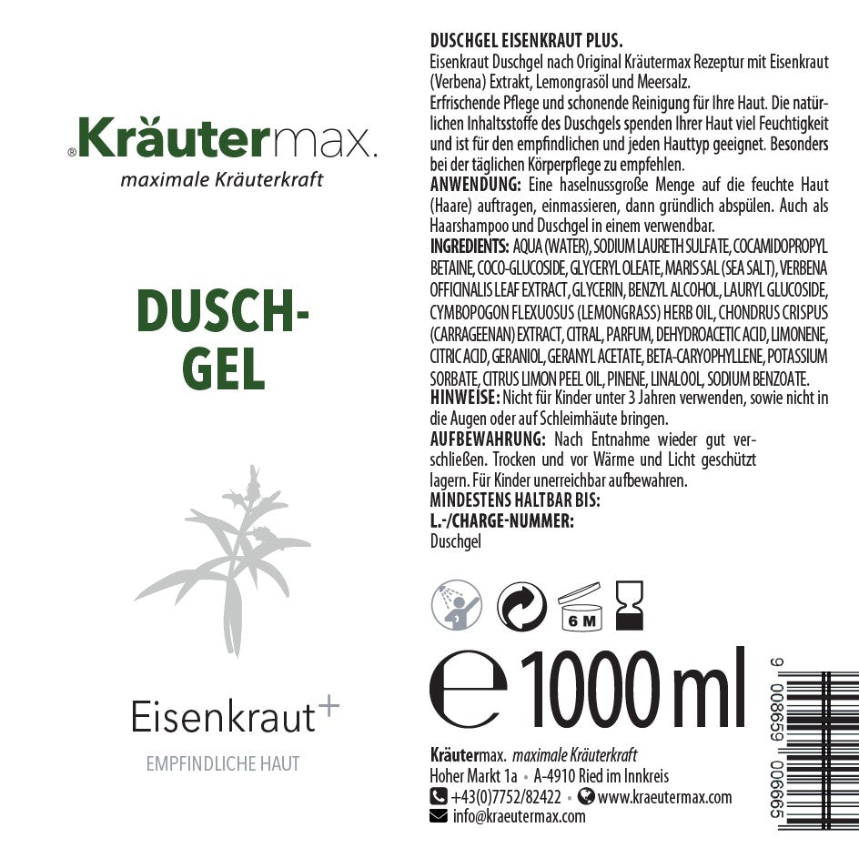 Etikett von Eisenkraut Duschgel für empfindliche Haut mit Inhaltsstoffliste, Anwendung und 1000 ml Angabe.