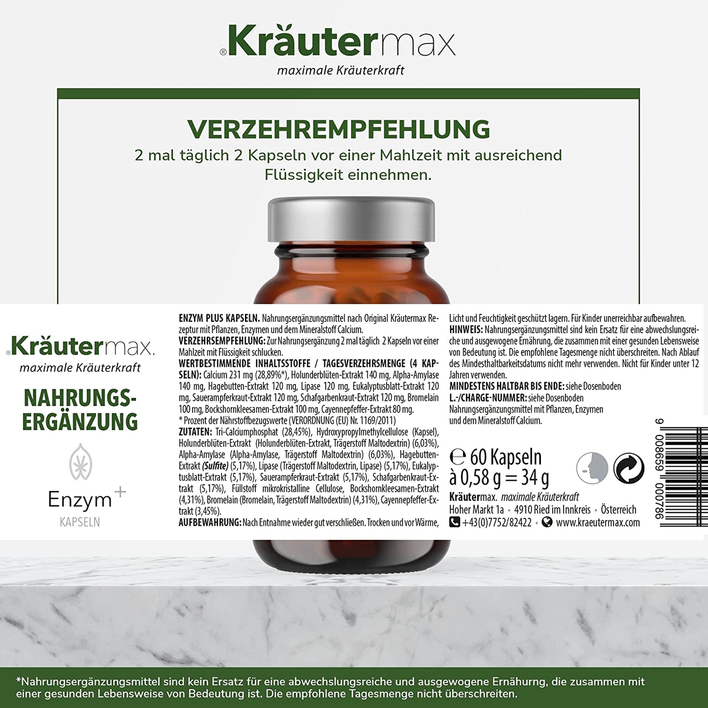 Braunes Glas mit Etikett Enzym Kapseln, Nahrungsergänzung, Zutatenliste und Dosierungshinweis
