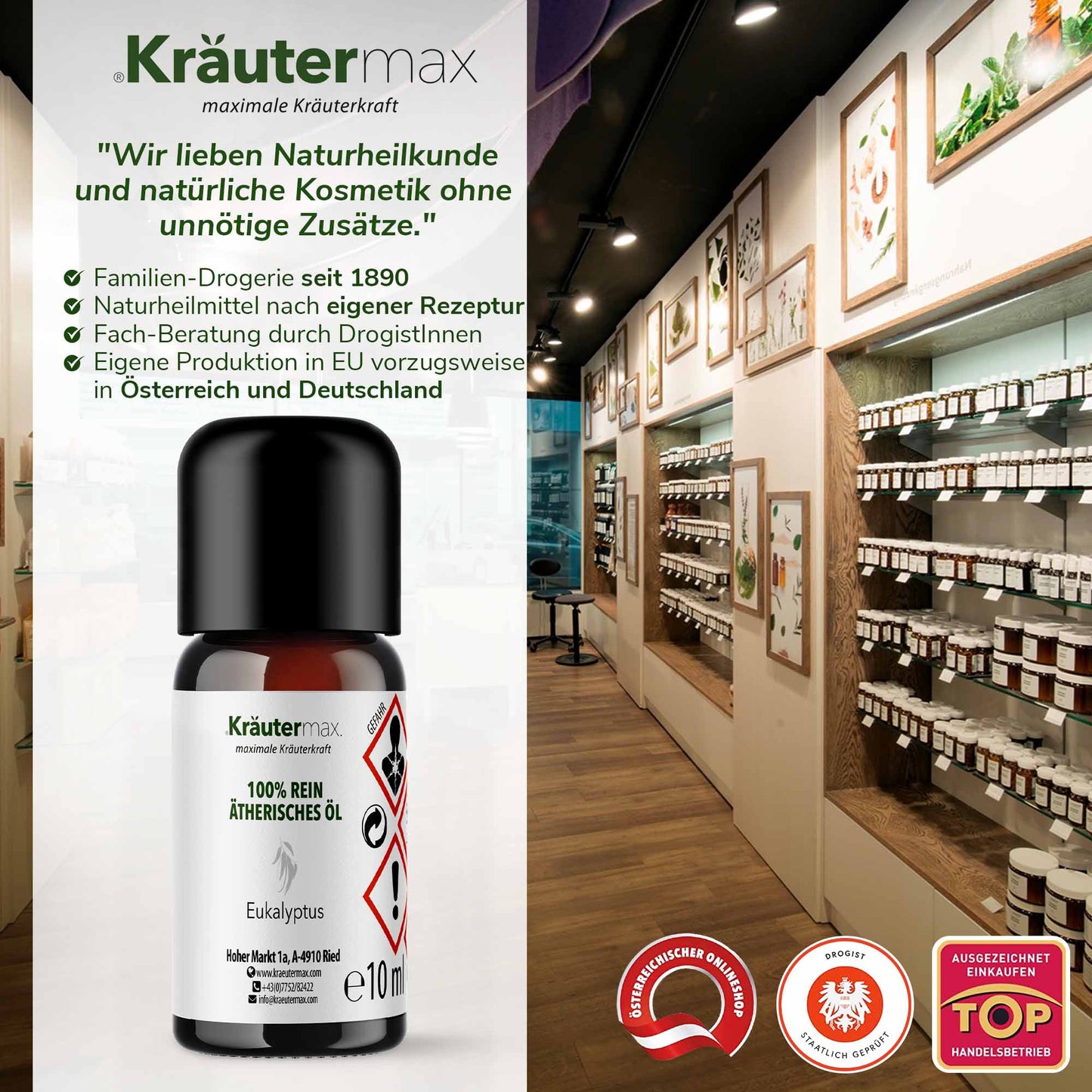 Eukalyptusöl 10ml Fläschchen, ätherisches Öl, Drogerieregal im Hintergrund, Naturkosmetik