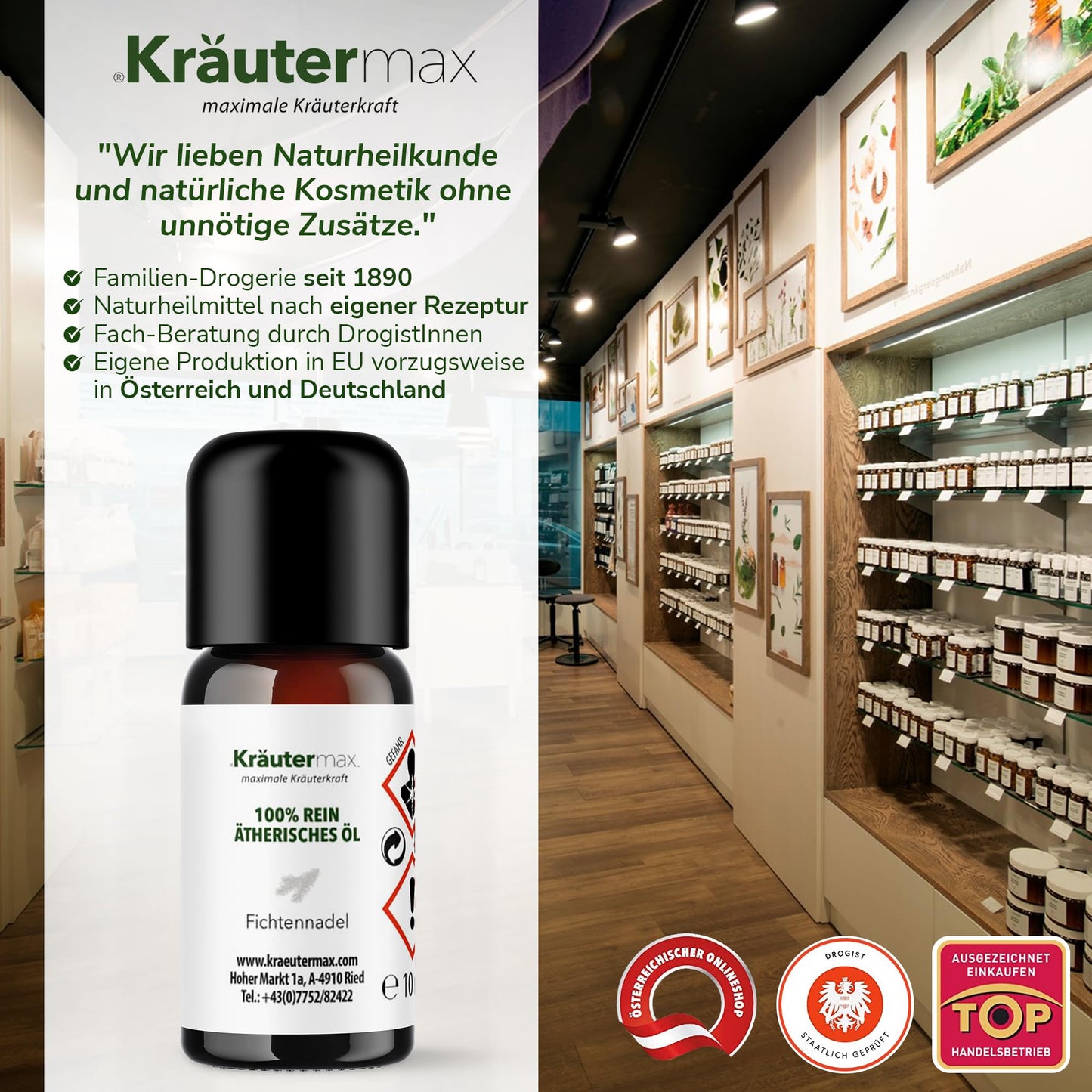 Fichtennadelöl Flasche, ätherisches Öl, Naturkosmetik, Regal in moderner Drogerie