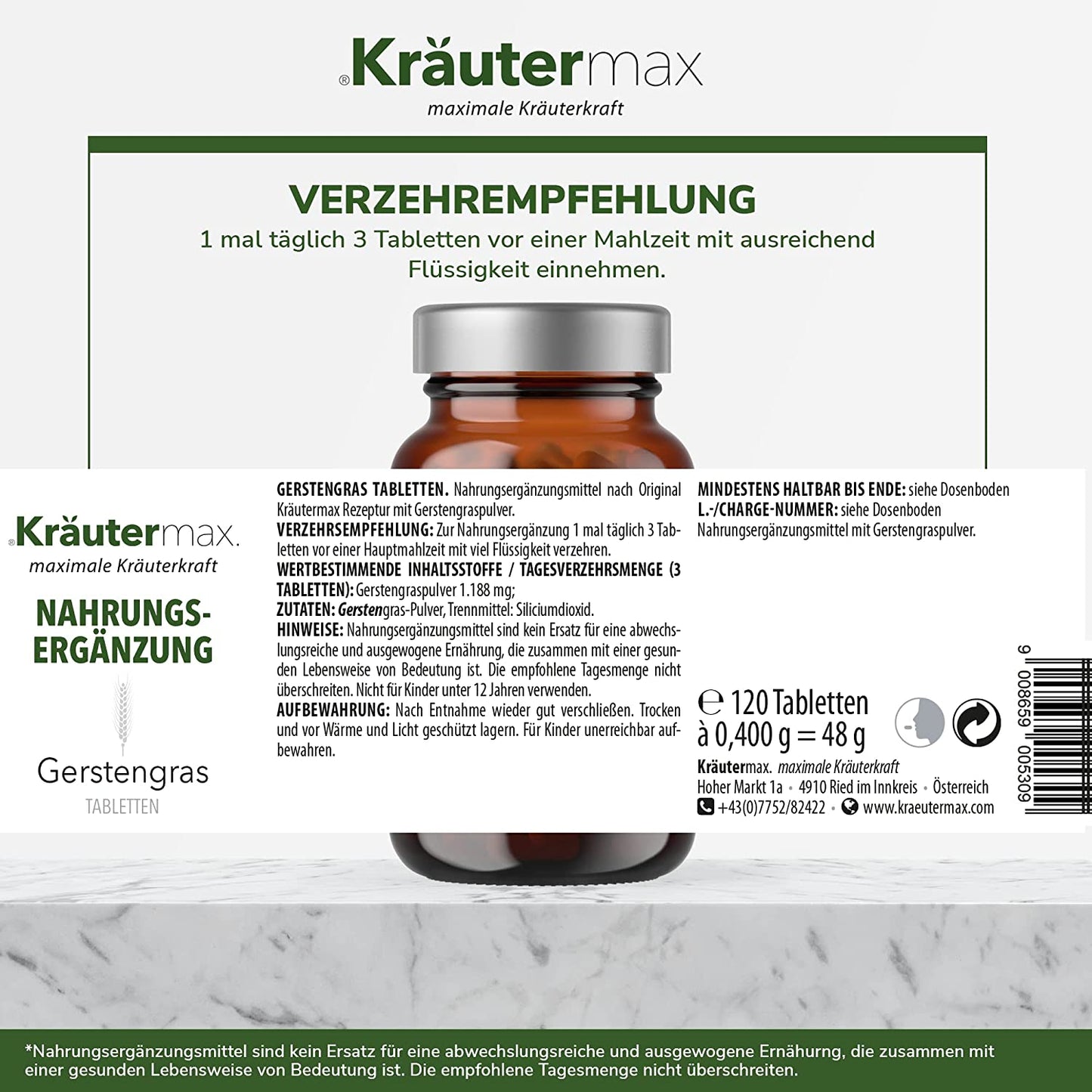 Gerstengras Tabletten Nahrungsergänzung im Glas, Etikett mit Einnahmeempfehlung und Inhaltsstoffen