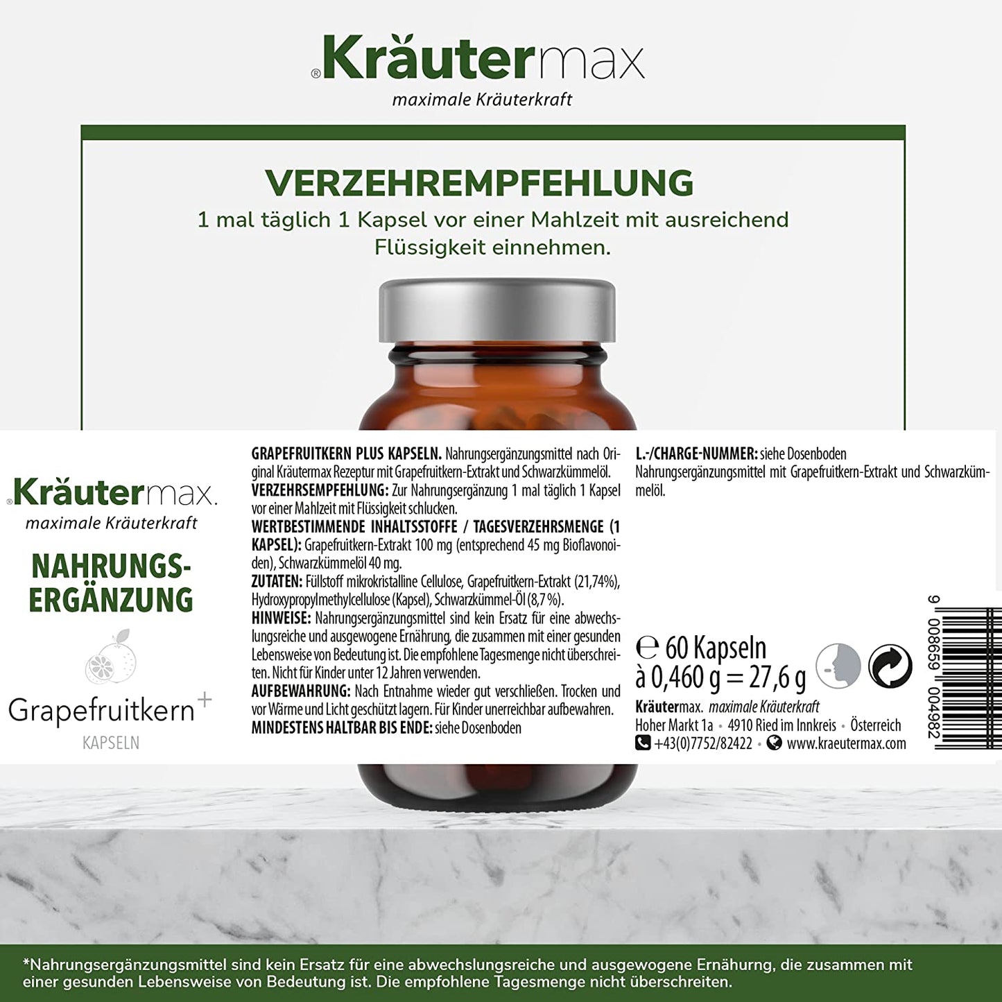 Etikett von Grapefruitkernextrakt Kapseln, Nahrungsergänzungsmittel mit Inhaltsstoffen und Verzehrempfehlung, 60 Kapseln