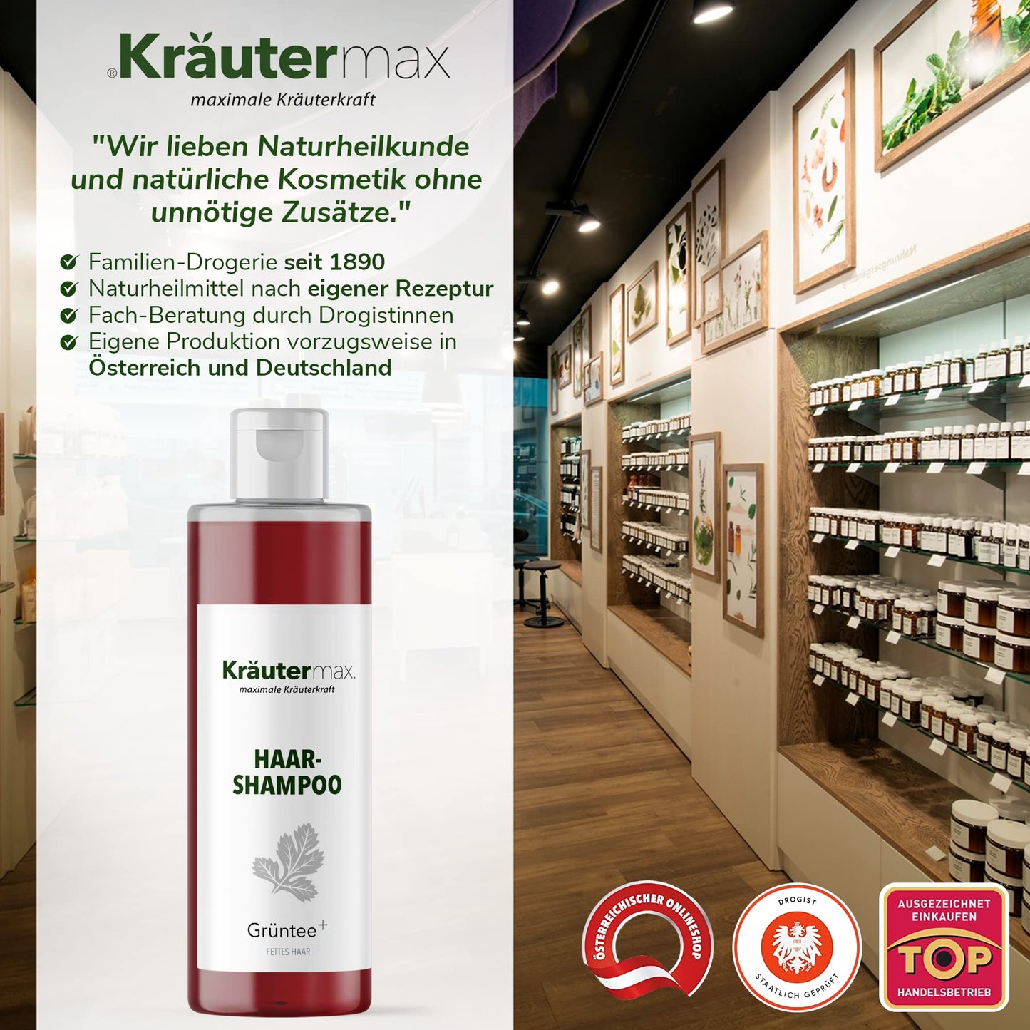 Grüntee Shampoo Flasche für fettiges Haar im Naturkosmetik-Drogerie Geschäft mit Regalen.