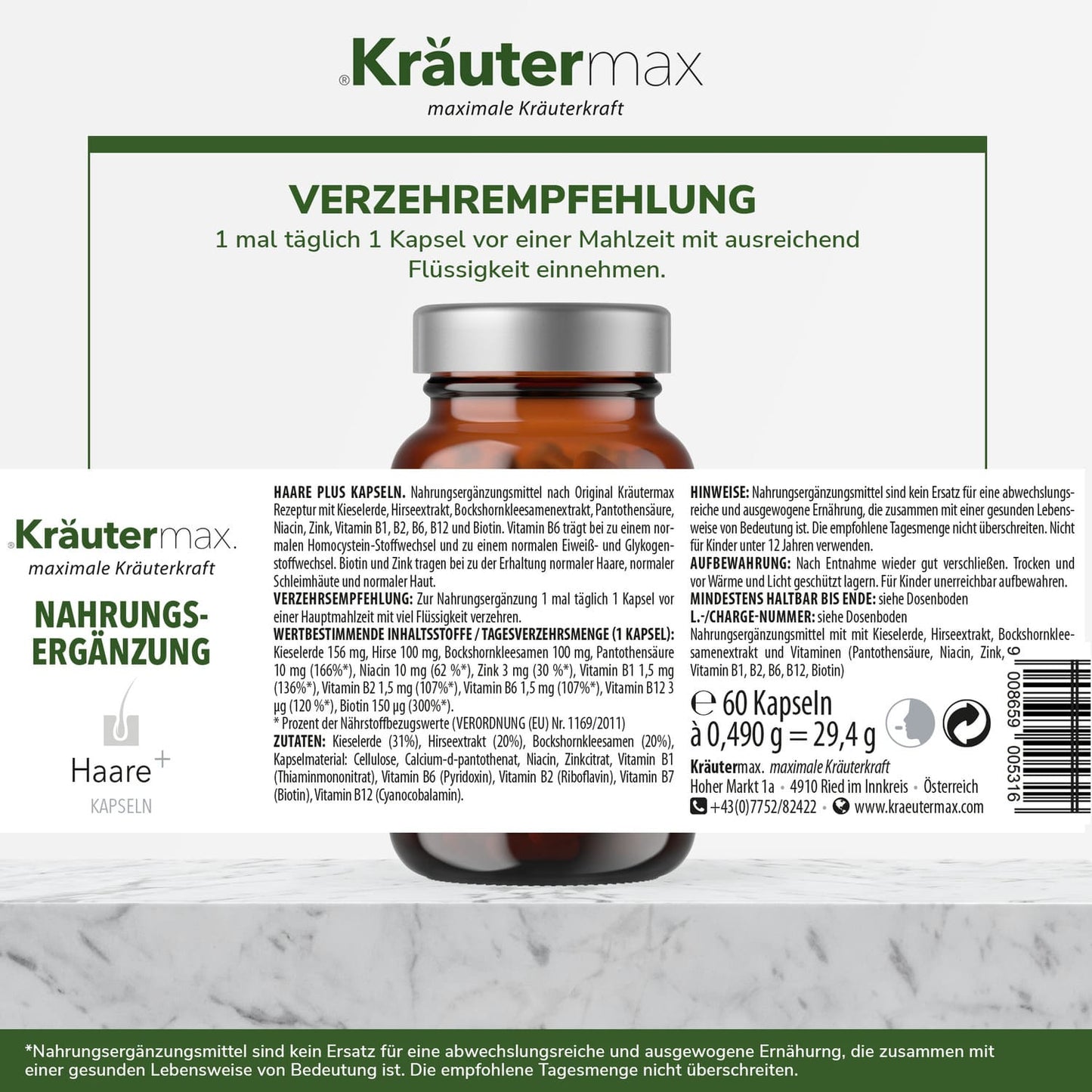 Haarkapseln Nahrungsergänzung im Braunglas, Zutaten und Verzehrempfehlung auf Etikett, enthält Biotin, Zink, Kräuterextrakte, deutsche Beschriftung.