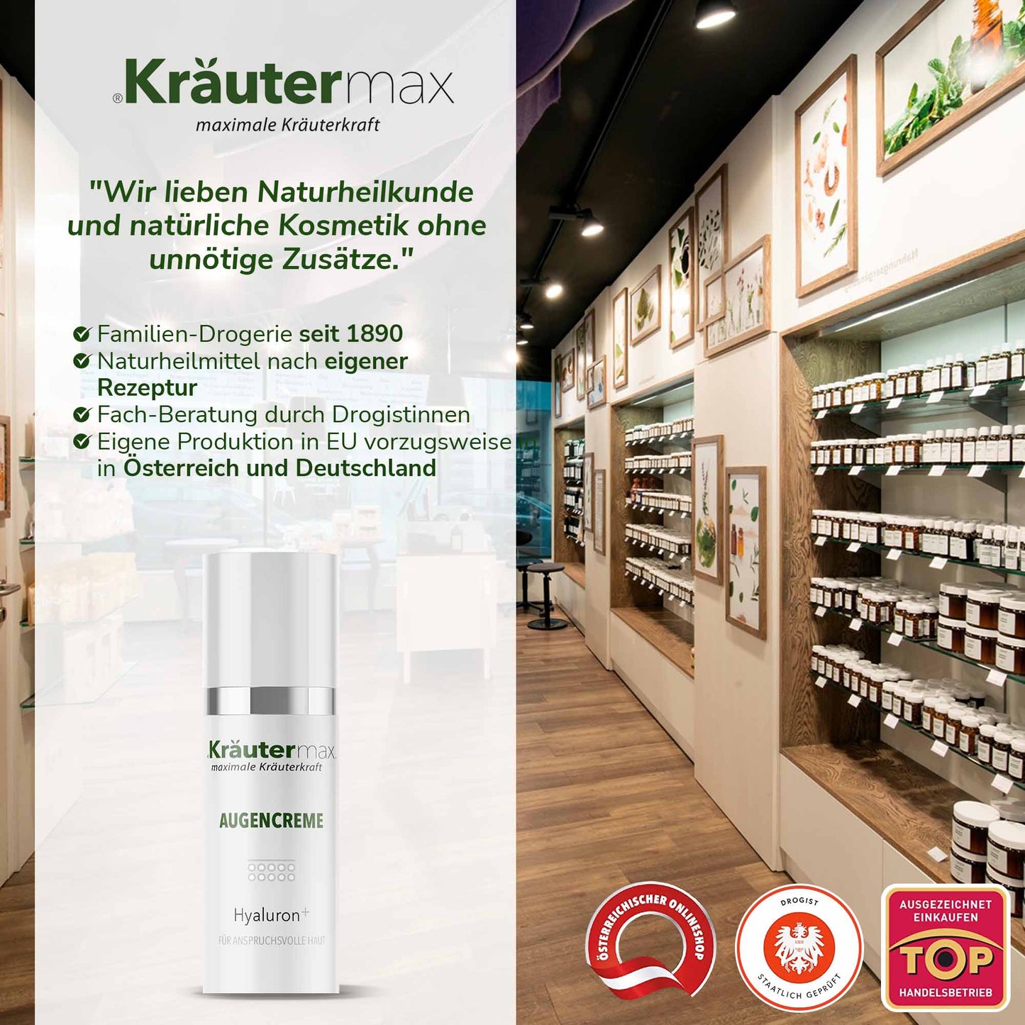 Hyaluron Augencreme Naturkosmetik-Flakon vor Regal in moderner Drogerie, Produktfoto