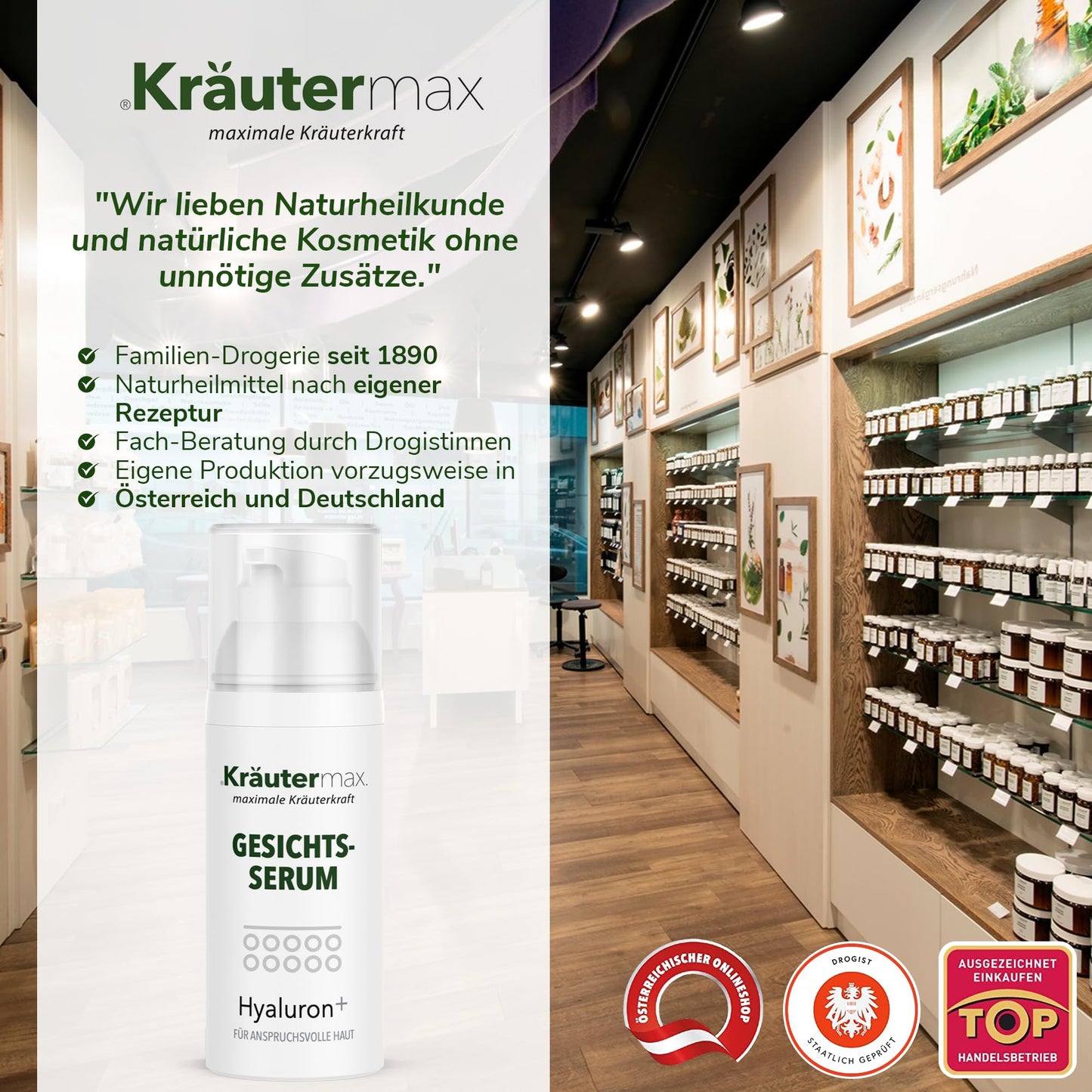 Hyaluron Gesichtsserum in moderner Drogerie, Naturkosmetik, Regale mit Kräuterprodukten