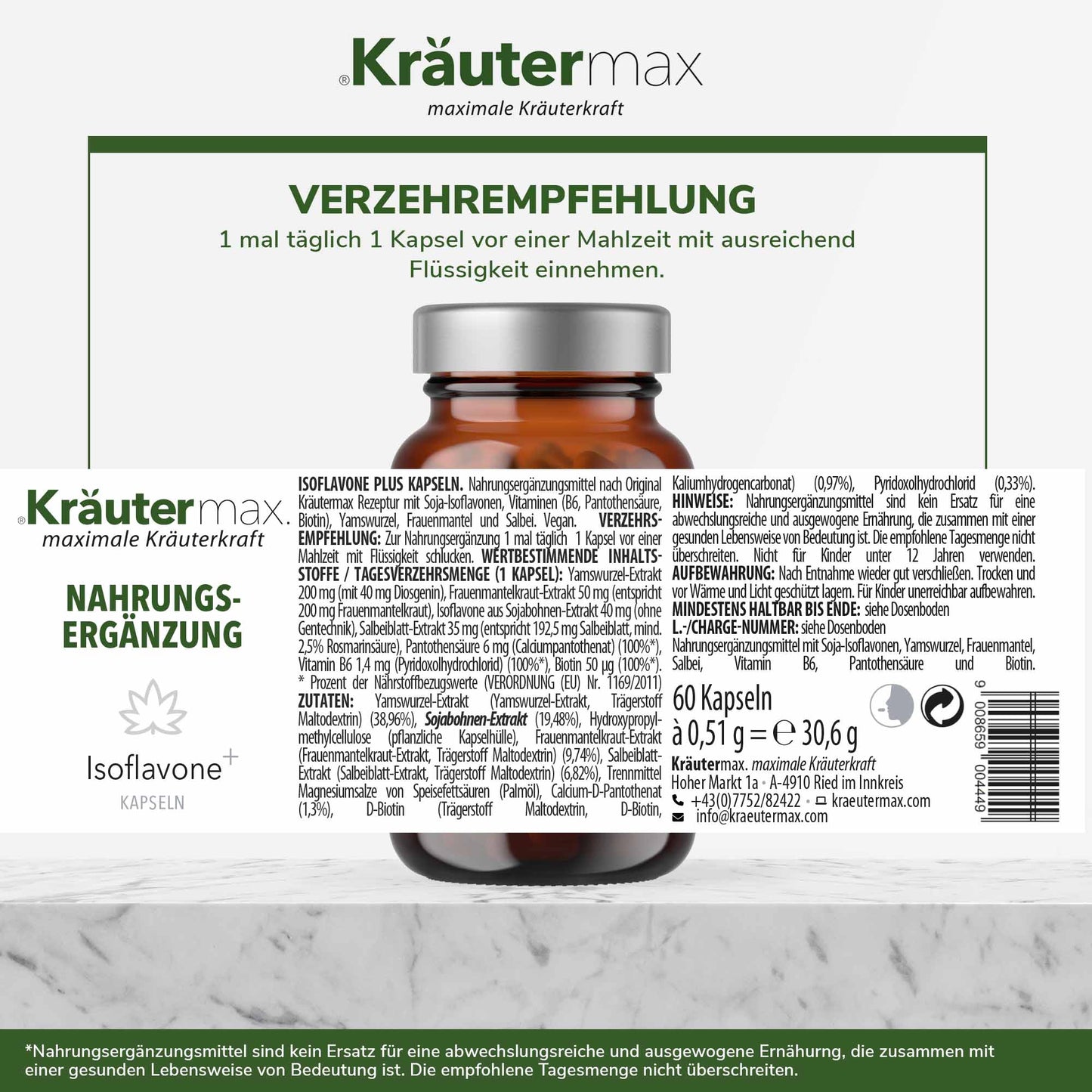 Dose mit Isoflavon Yams Kapseln, Nahrungsergänzung, Etikett mit Anwendungshinweis auf Deutsch