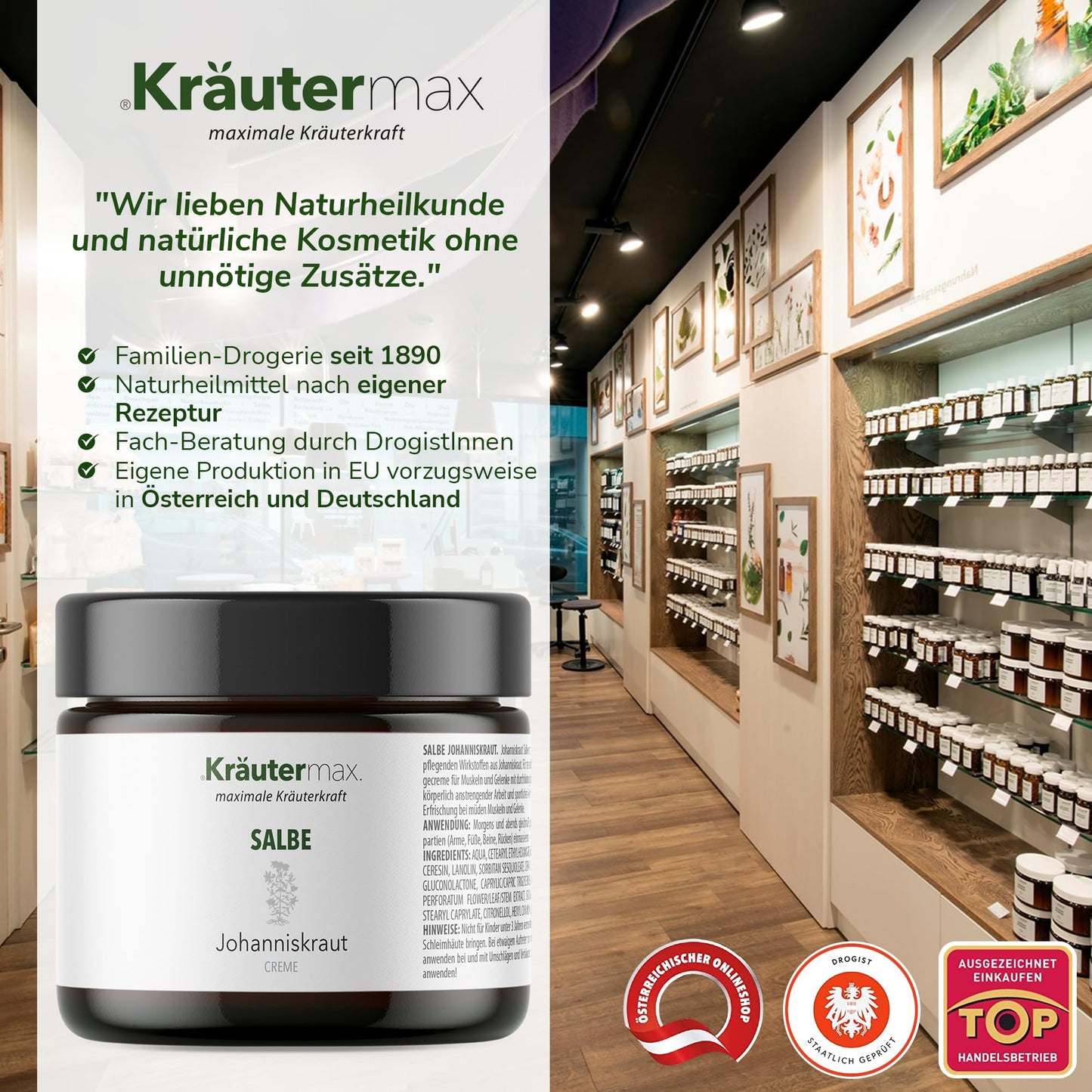 Johanniskraut Salbe in braunem Tiegel, Naturkosmetik Regal in moderner Drogerie, Auszeichnungen sichtbar