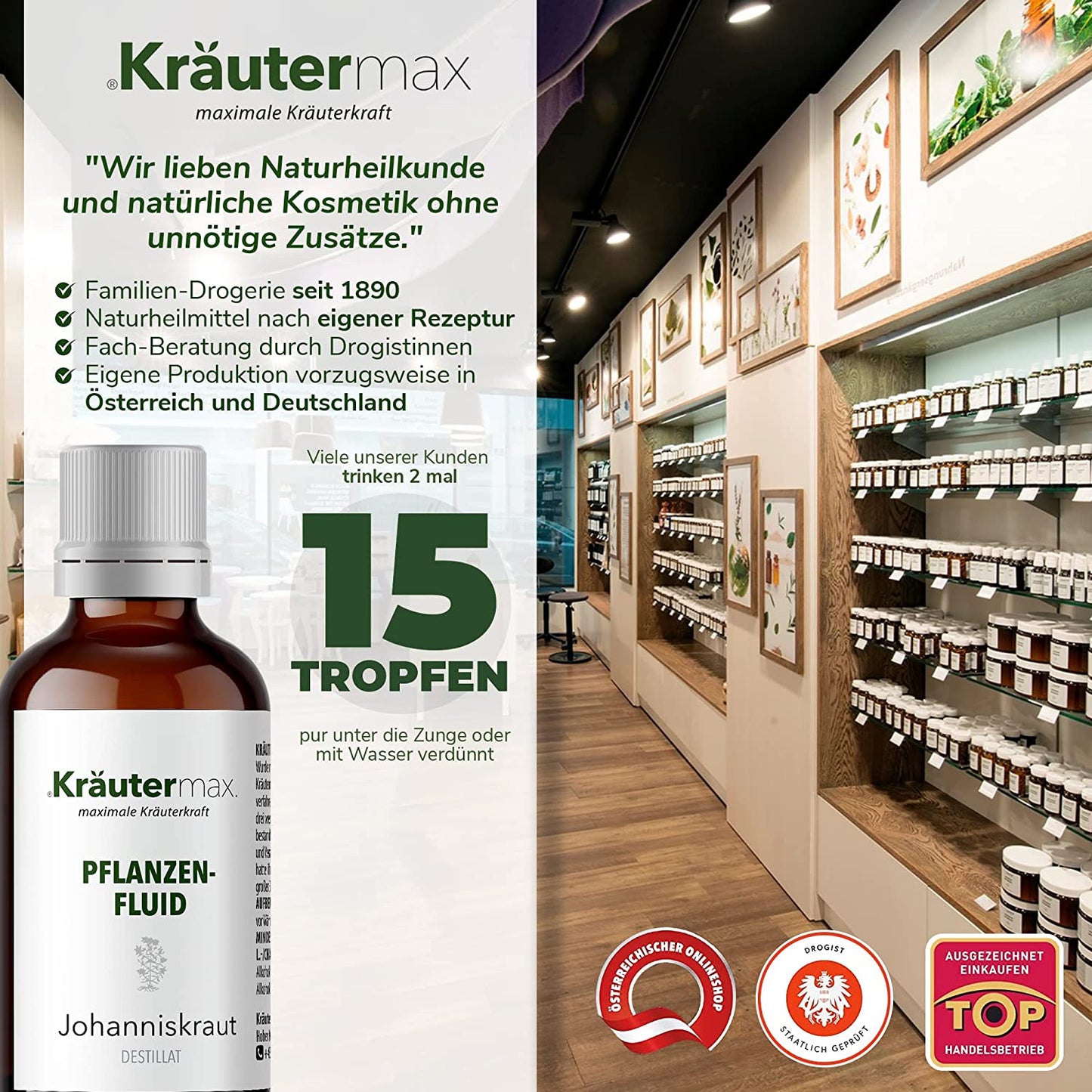 Johanniskraut Tropfen Pflanzen-Fluid Flasche vor moderner Drogerie, Regal mit Kräuterprodukten