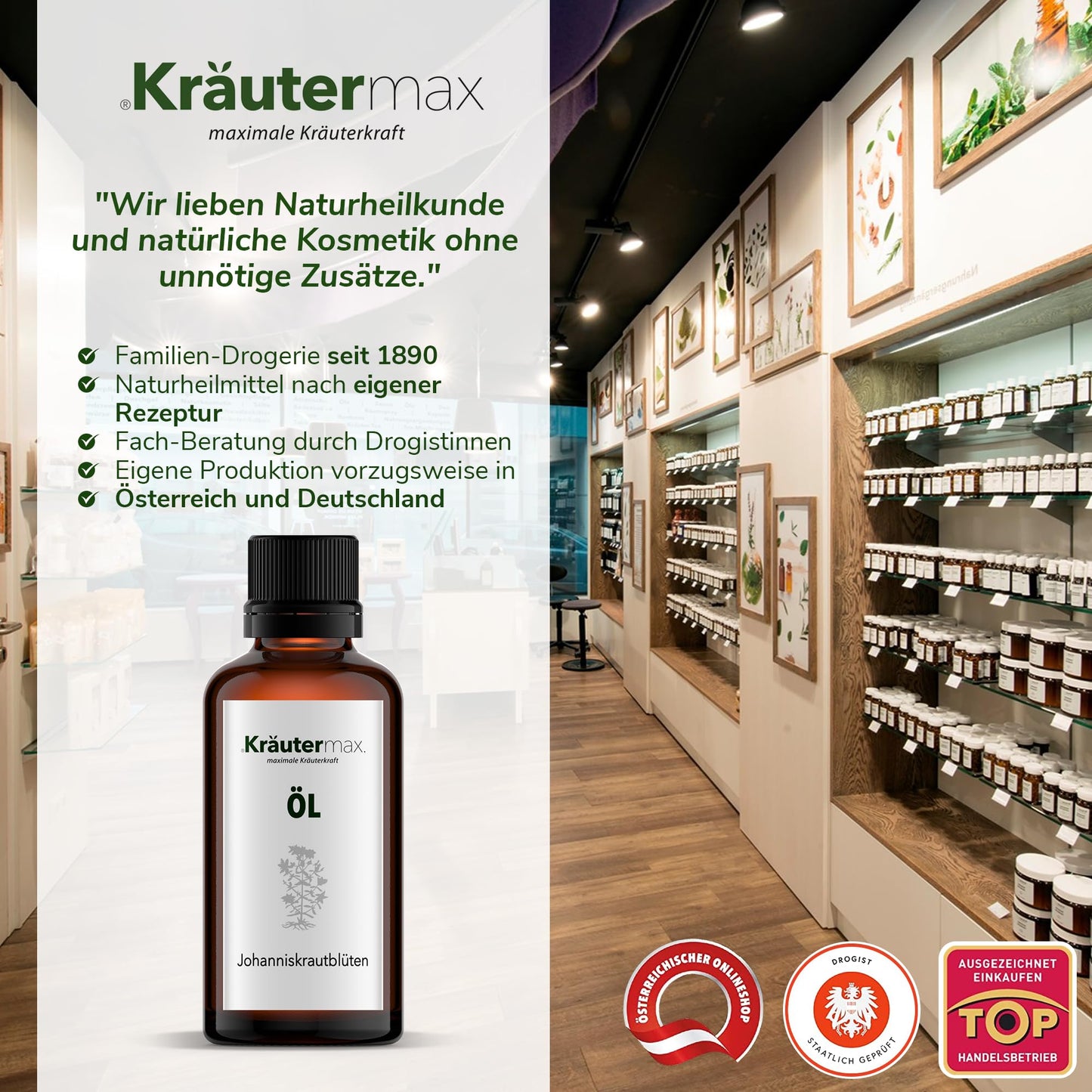 Braune Flasche Johanniskrautöl im Drogeriegeschäft mit Kräuterregalen, Naturkosmetik