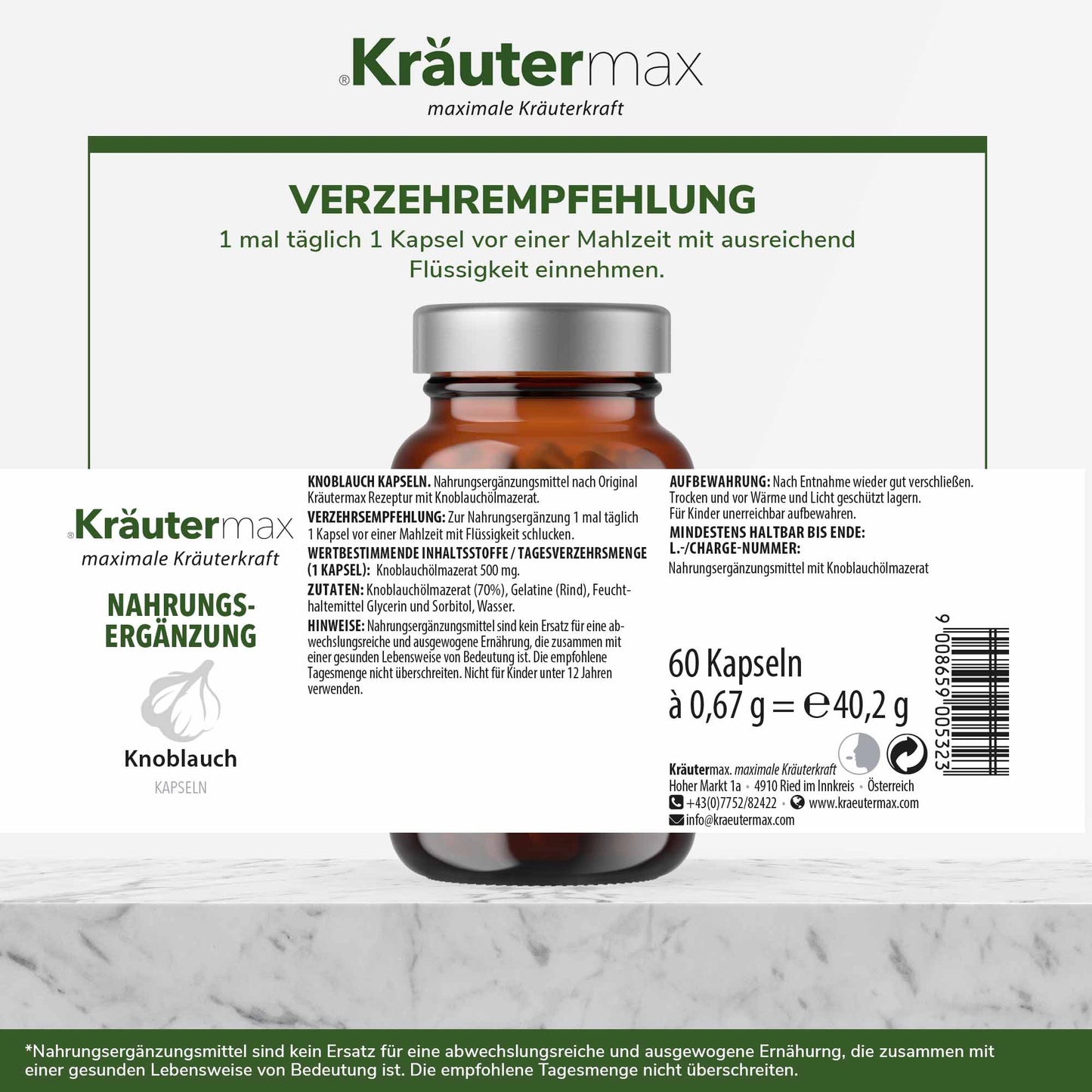 Etikett von Knoblauch Kapseln Nahrungsergänzung, braunes Glas, Dosierung und Zutaten