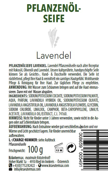 Etikett einer Lavendel Pflanzenölseife mit Beschreibung, Inhaltsstoffen und Anwendungshinweisen.