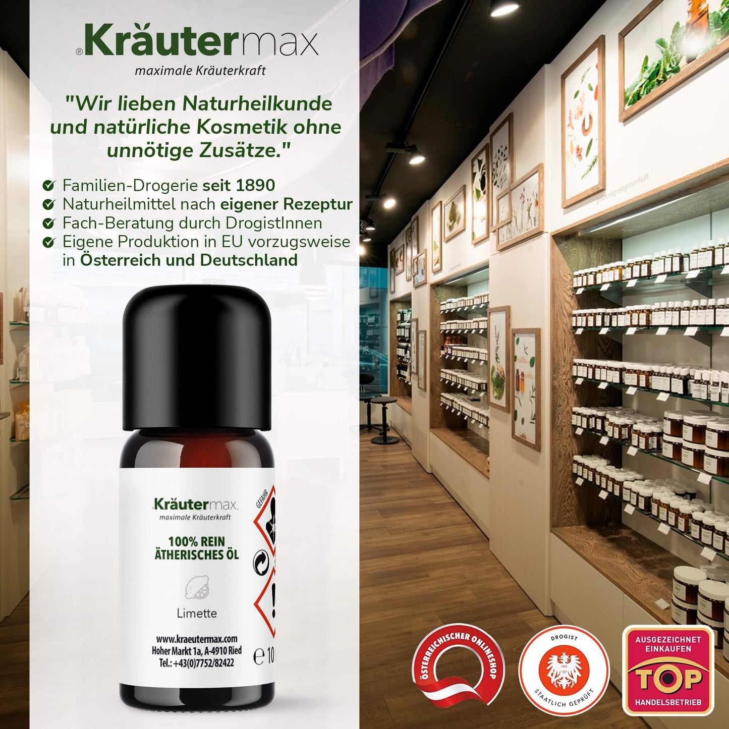 Limette ätherisches Öl Flasche vor Regalwand in moderner Drogerie, Naturkosmetik.