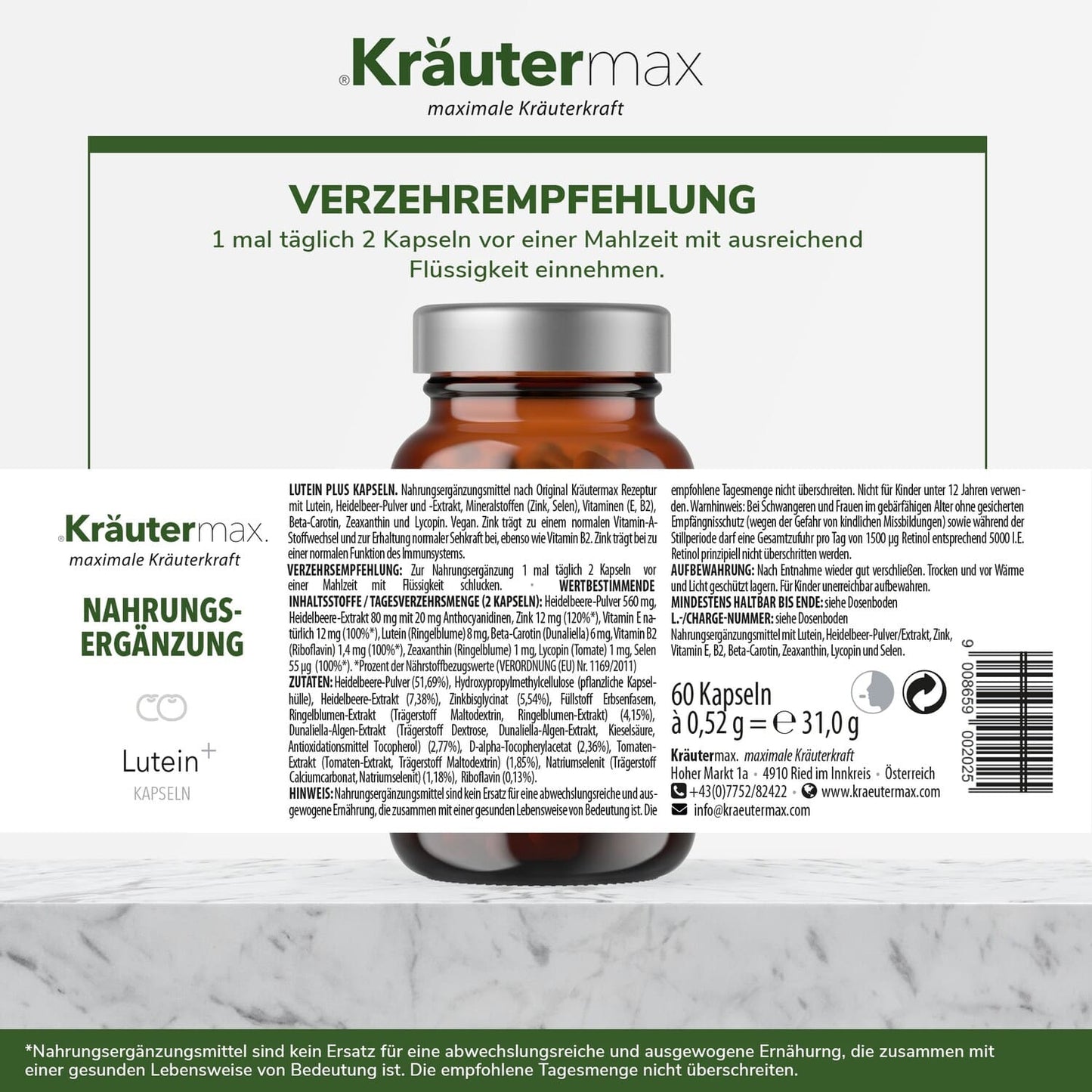 Lutein und Zeaxanthin Kapseln Nahrungsergänzung, Glasdose mit Etikett, Verzehrempfehlung