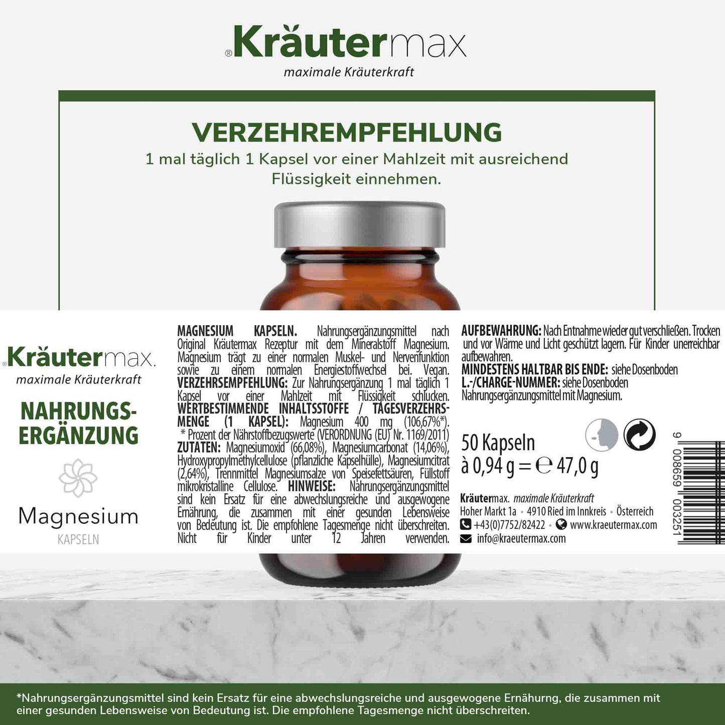 Etikett einer Nahrungsergänzung mit 400 mg Magnesium Kapseln, Dosierung und Inhaltsstoffe