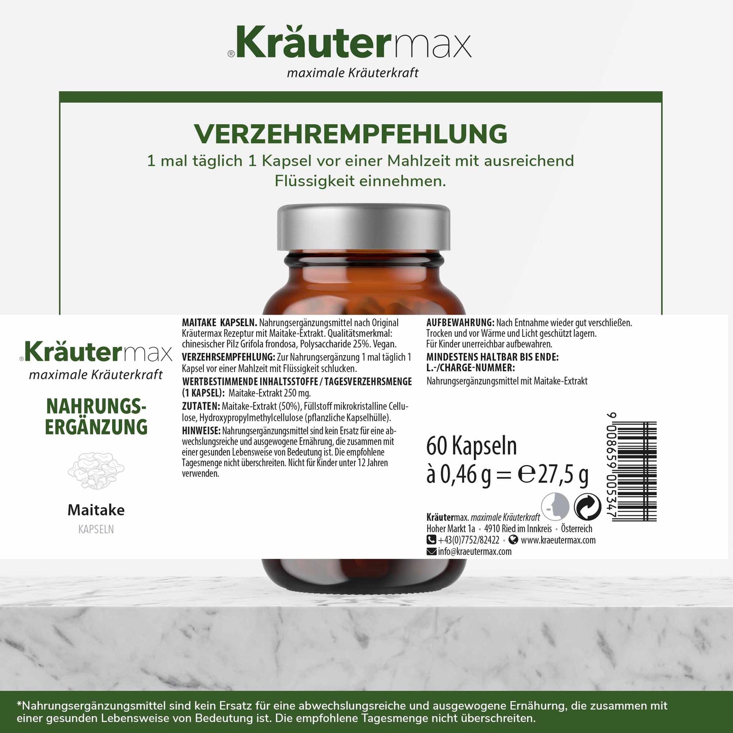 Etikett von Maitake Kapseln Nahrungsergänzung, Glasbehälter, Verzehrempfehlung und Inhaltsstoffe sichtbar
