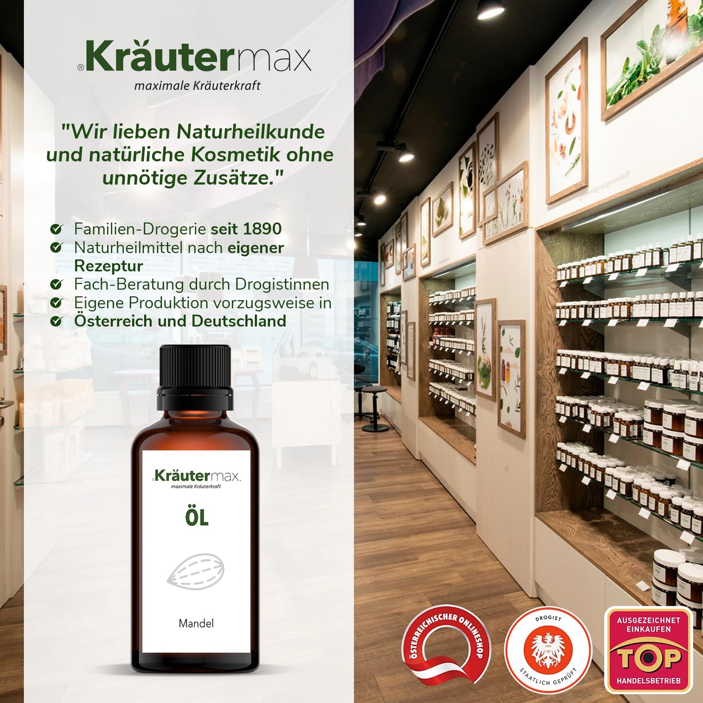 Mandelöl-Flasche vor moderner Drogerie, Regale mit Naturkosmetik und Heilmitteln