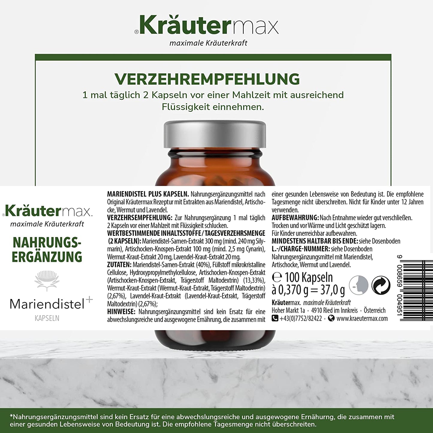 Etikett einer Nahrungsergänzung Mariendistelplus Kapseln mit Artischocke, Wermut, Lavendel