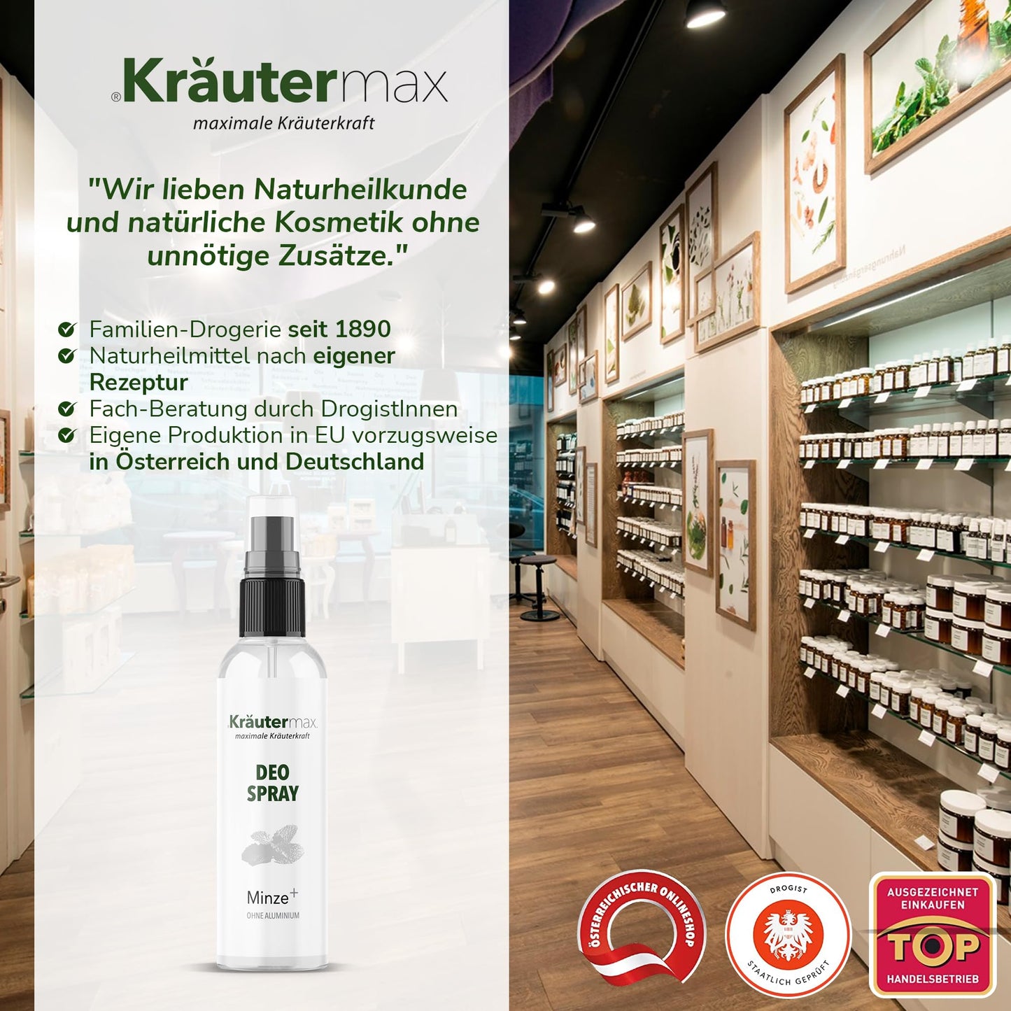 Natürliches Minze Deo Spray ohne Aluminium vor moderner Drogerie mit Naturkosmetikregalen