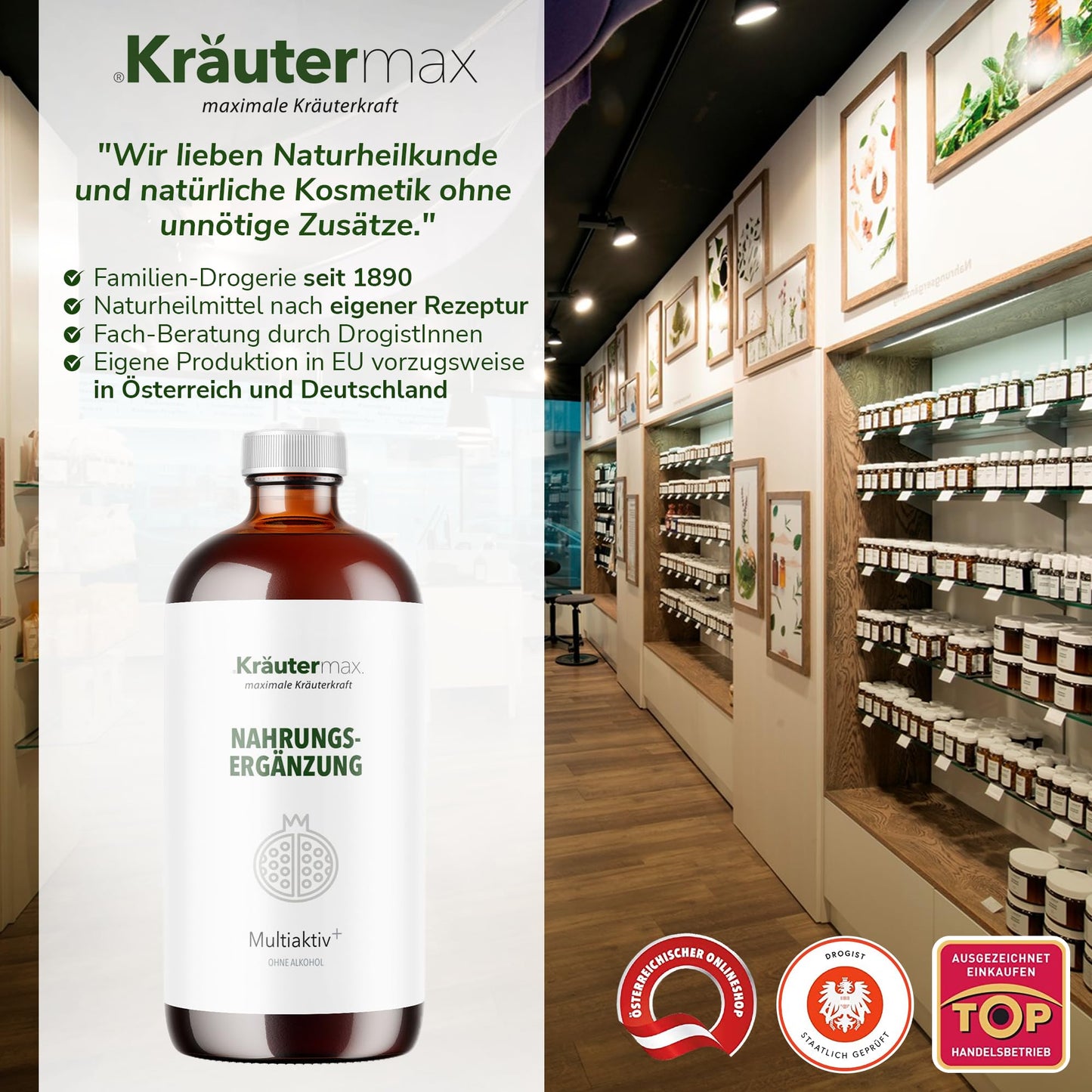 Braune Glasflasche Multiactiv Nahrungsergänzung ohne Alkohol, Regalwand mit Kräuterprodukten