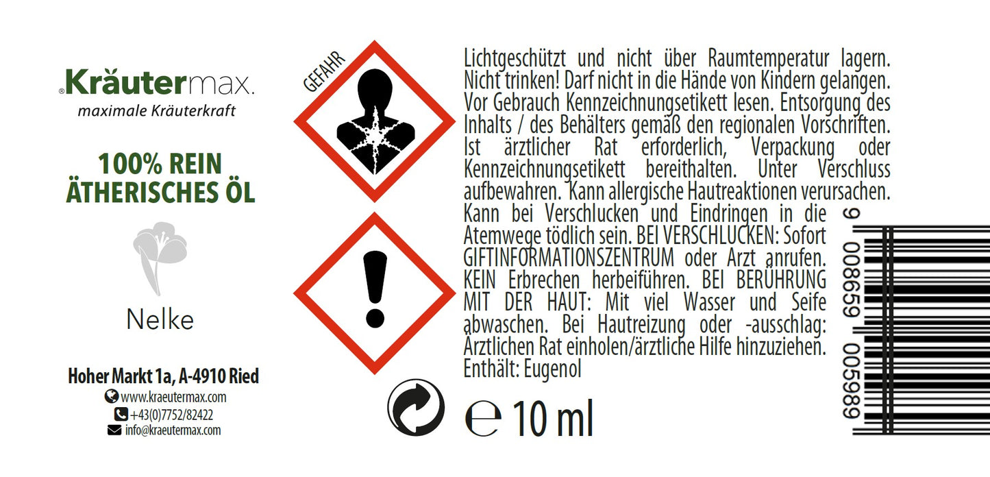 Etikett von 100% reinem Nelkenöl, ätherisches Öl, mit Warnsymbolen und Anwendungshinweisen, 10 ml.