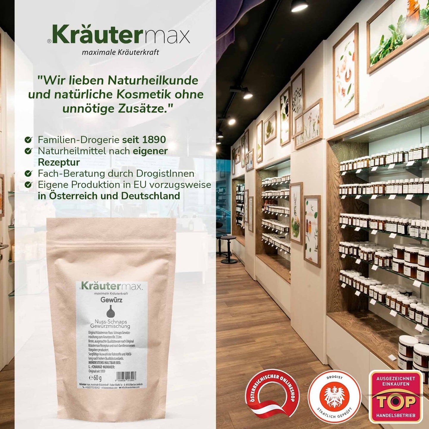 Nuss-Schnaps Gewürzmischung Beutel vor Regalwand mit Kräutergläsern in moderner Drogerie