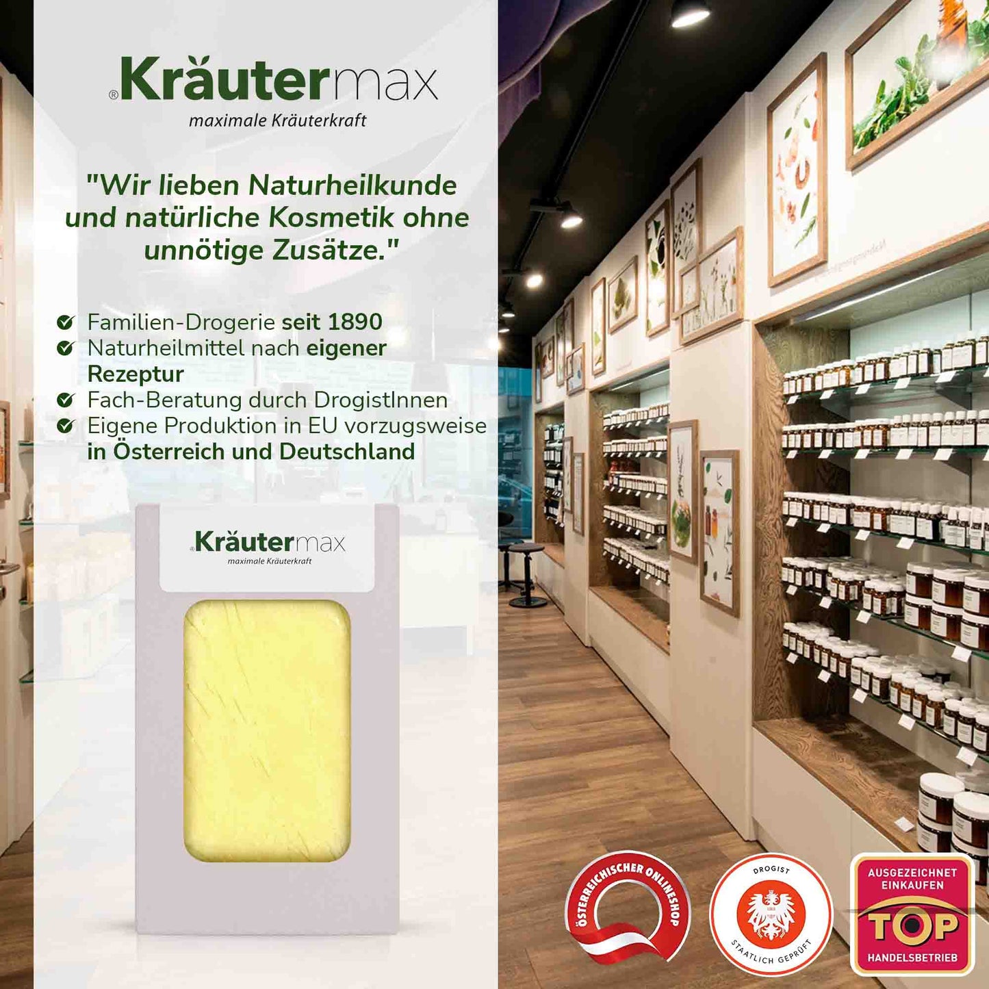Natürliche Olivenseife in moderner Drogerie, mit Regalen voller Kräuterprodukte und Auszeichnungen