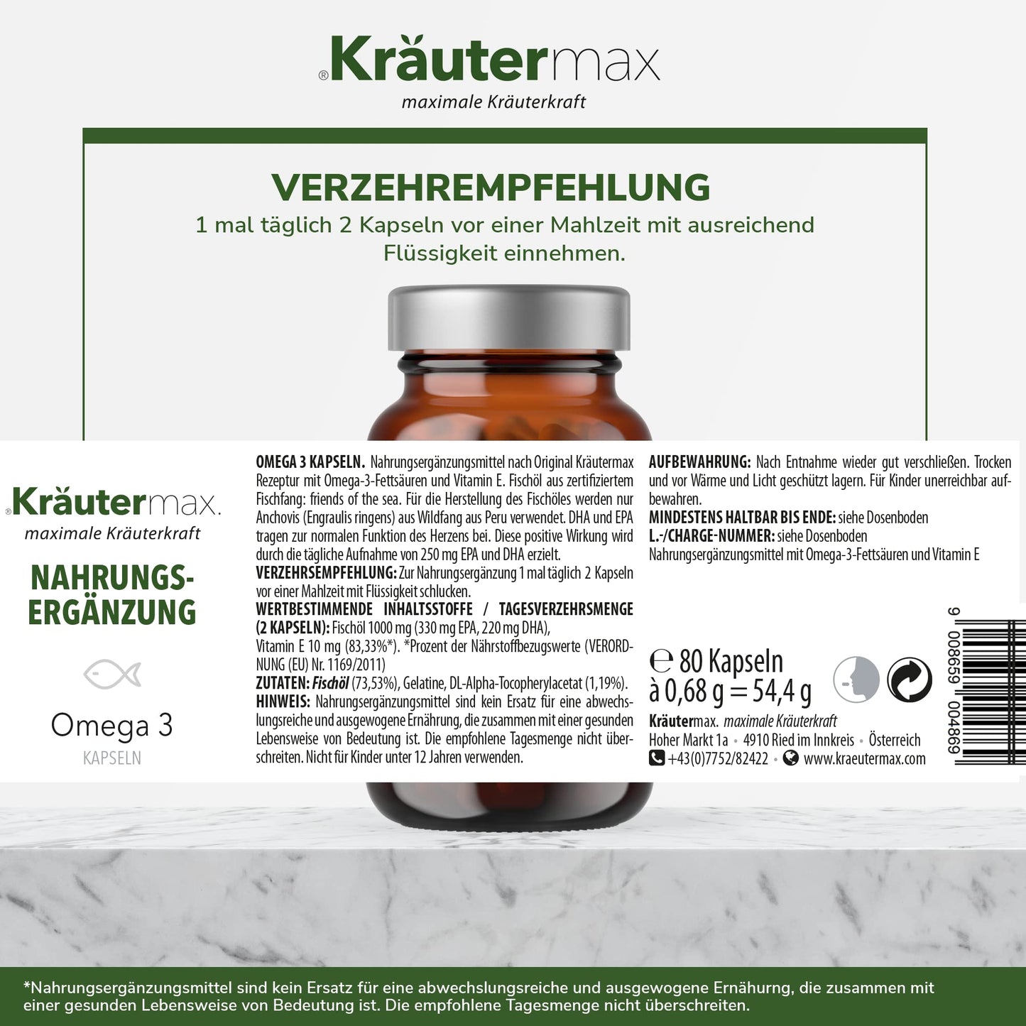 Etikett von Omega 3 Fischöl Kapseln 1000 mg, Nahrungsergänzung mit Fischöl und Vitamin E, 80 Kapseln