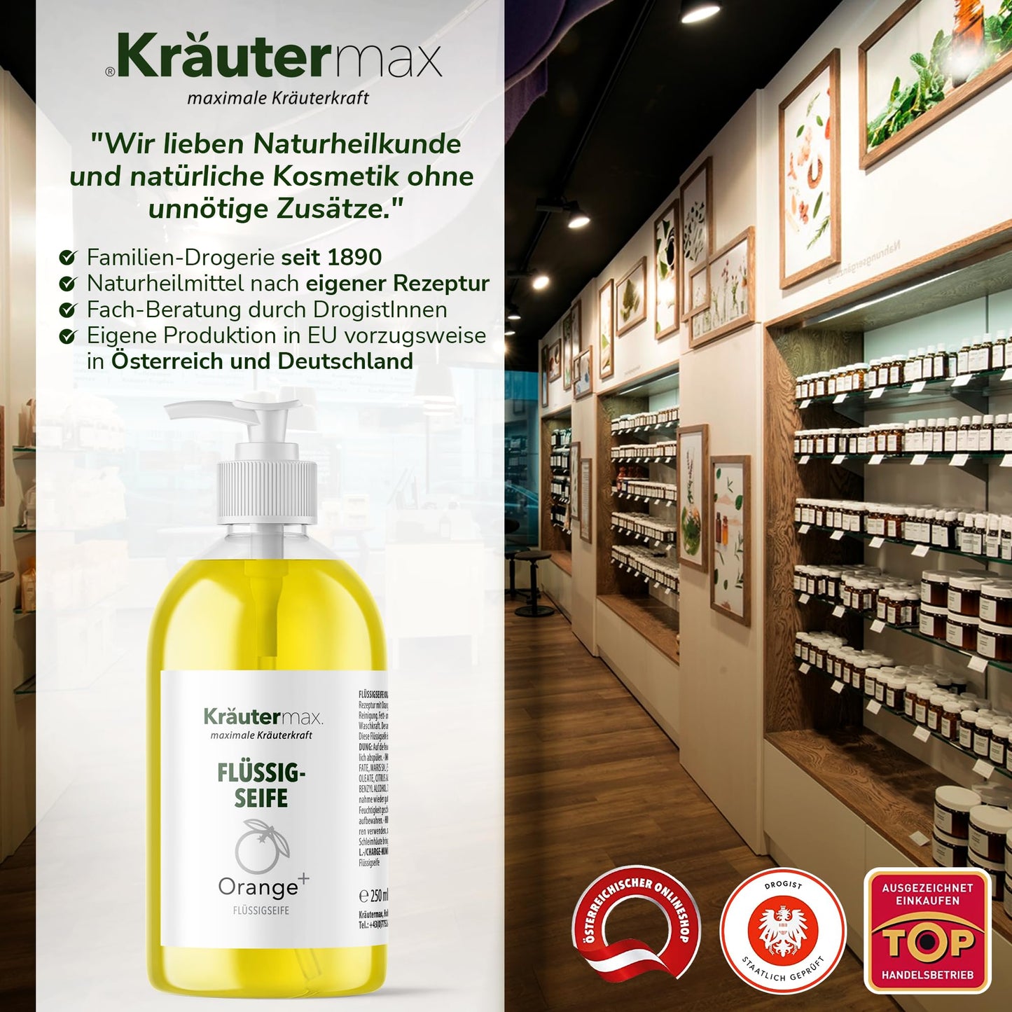 Flüssigseife Orange in Spenderflasche vor Naturkosmetik-Regalen in moderner Drogerie