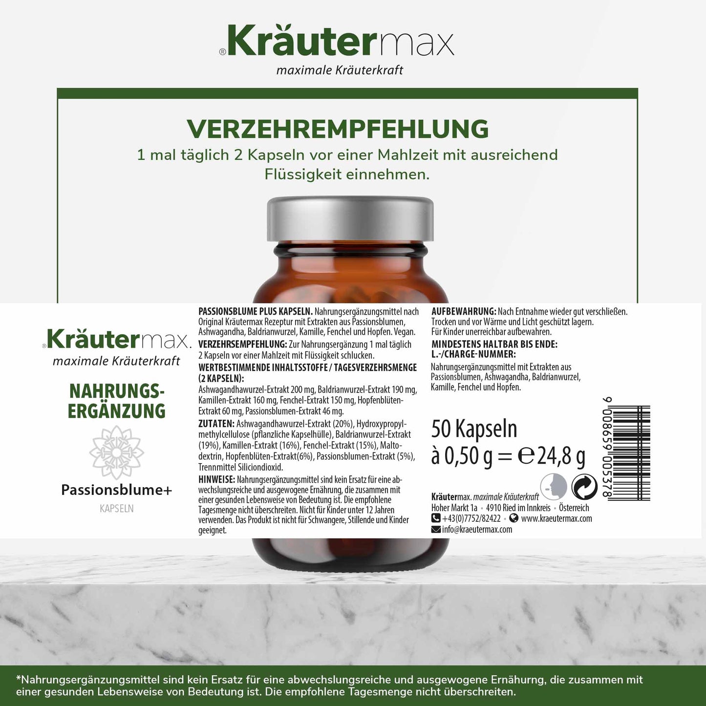 Etikett von Passionsblume Kapseln, Nahrungsergänzung mit Kräuterextrakten, Dosierung und Inhaltsstoffe sichtbar