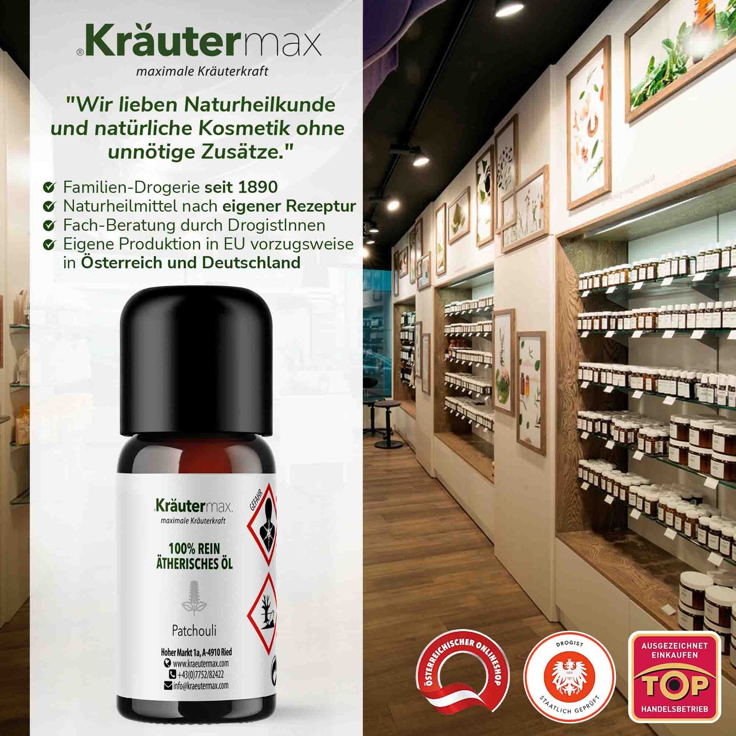 Patchouliöl Flasche vor Regalen mit ätherischen Ölen und Naturkosmetik in moderner Drogerie