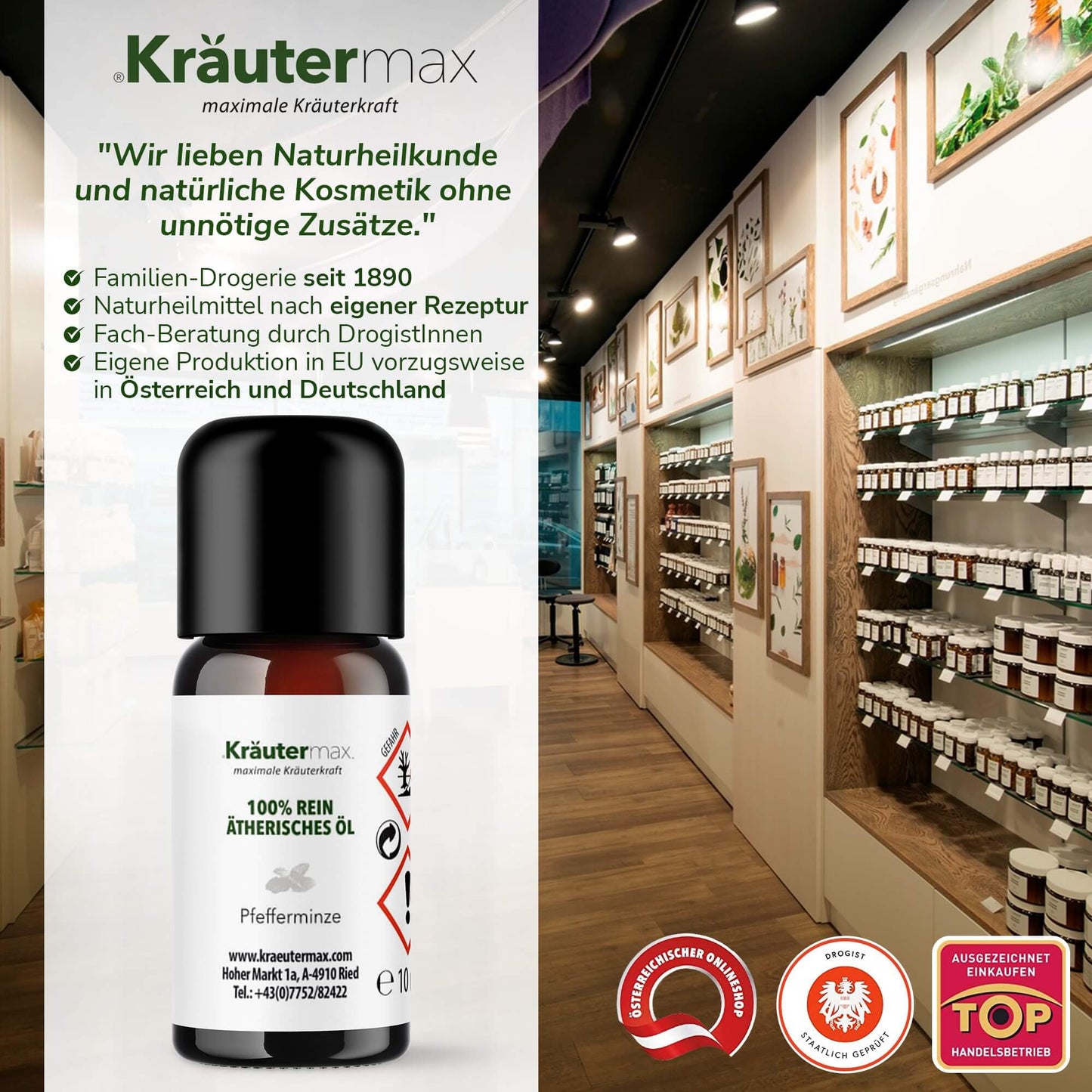 Pfefferminzöl Fläschchen vor moderner Drogerie, 100% reines ätherisches Öl, Regal mit Naturprodukten