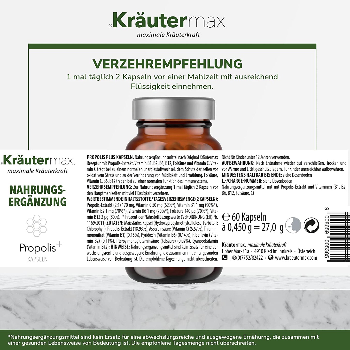 Etikett von Propolis Plus Kapseln Nahrungsergänzung mit Vitaminen und Propolis-Extrakt