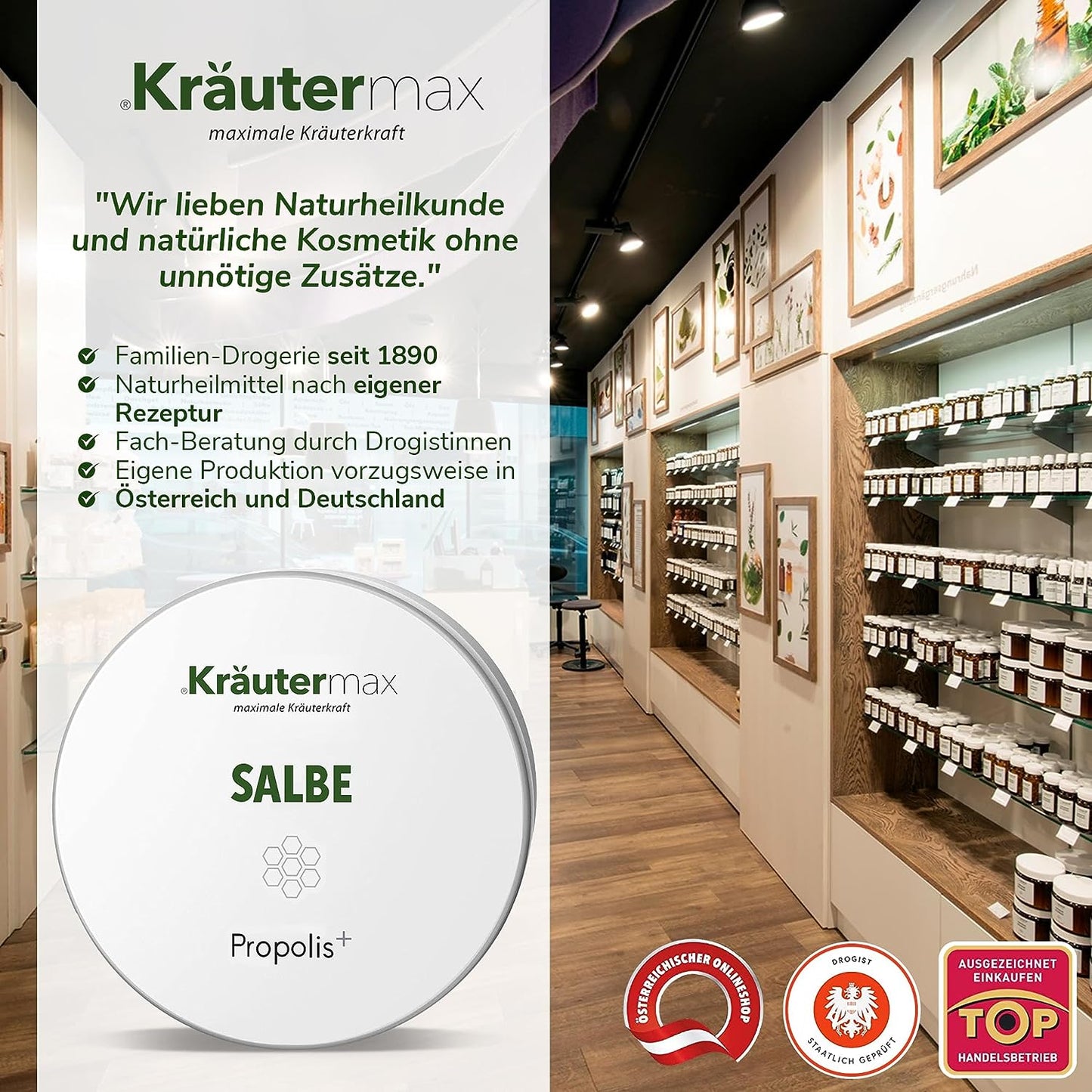 Propolis Salbe Dose vor moderner Drogerie, natürliche Salbe, Naturkosmetik, Regale mit Produkten
