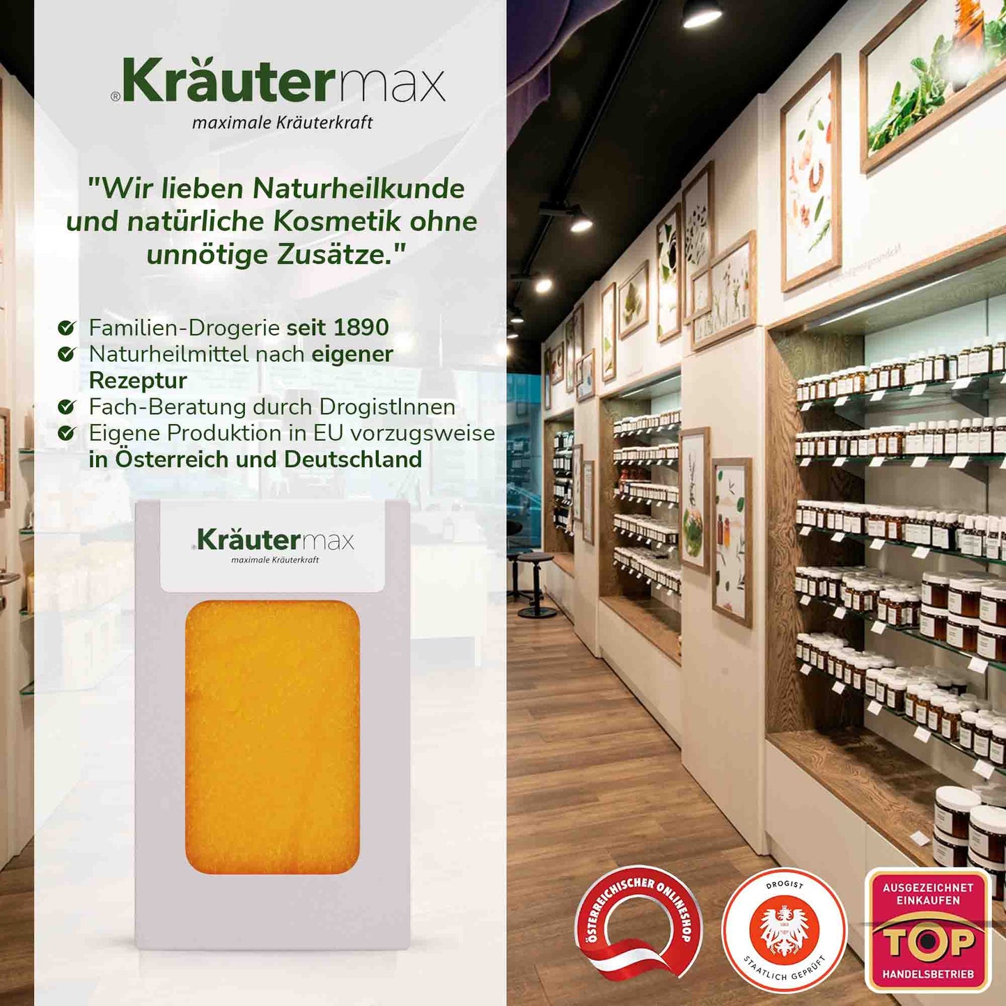 Ringelblume Naturseife in Verpackung, Verkaufsregal mit Kräutern und Naturkosmetik im Laden