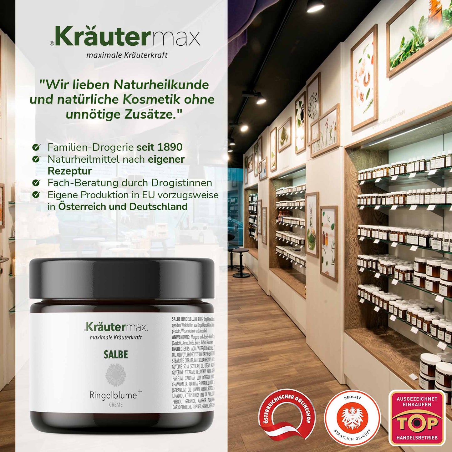 Ringelblumensalbe Glas im Regal einer Drogerie, Naturkosmetik, Pflanzenposter an der Wand