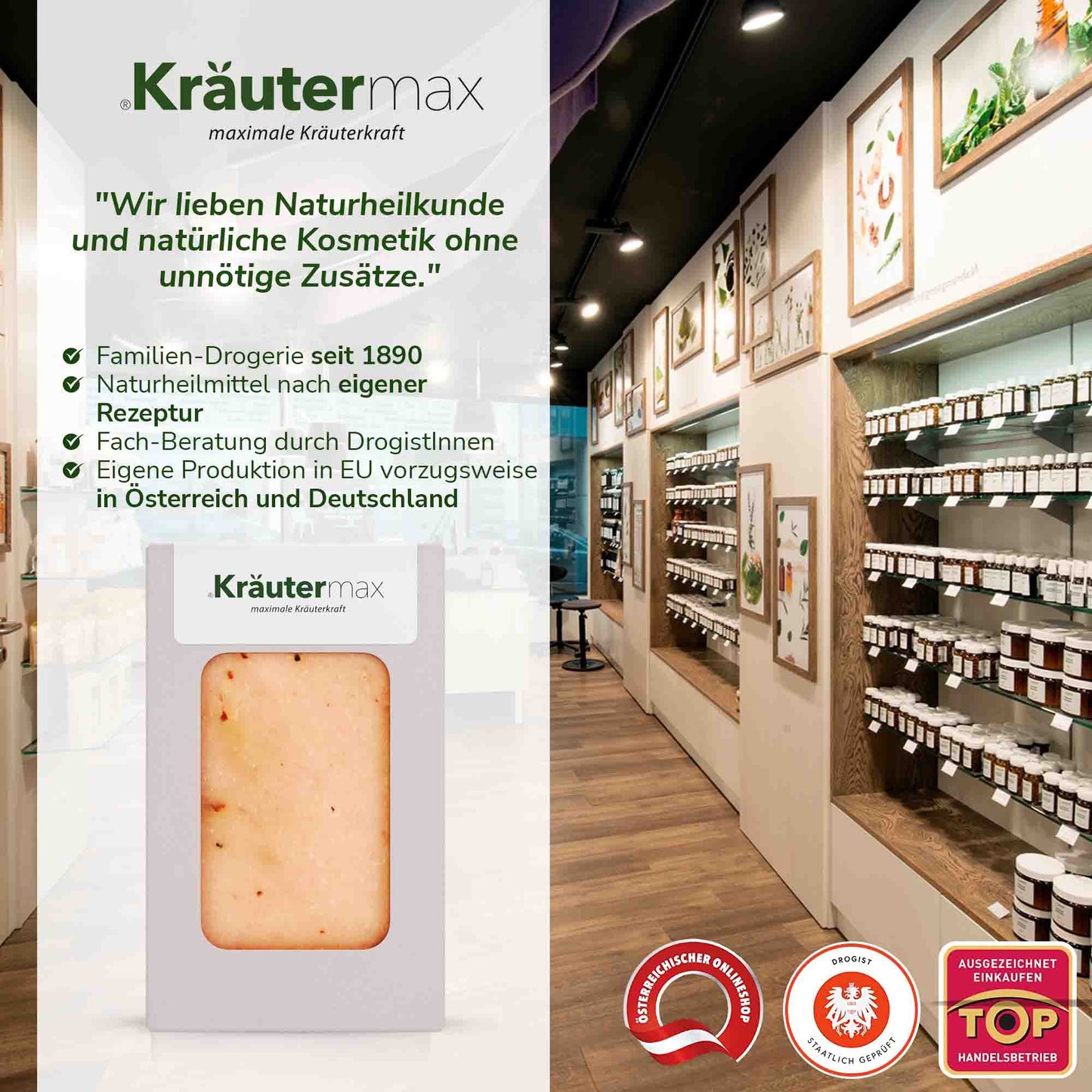 Rosen-Seife Naturkosmetik in Verpackung, Drogerie-Regale mit Kräuterprodukten im Hintergrund