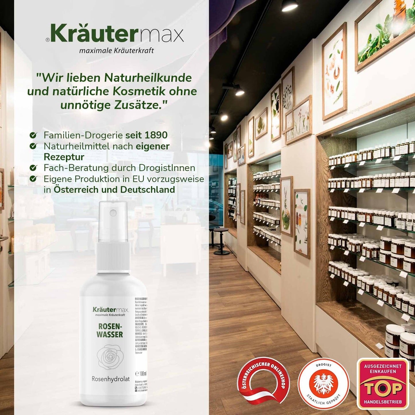 Rosenwasser Spray Flasche vor moderner Drogerie mit Naturkosmetik und Kräutern im Regal