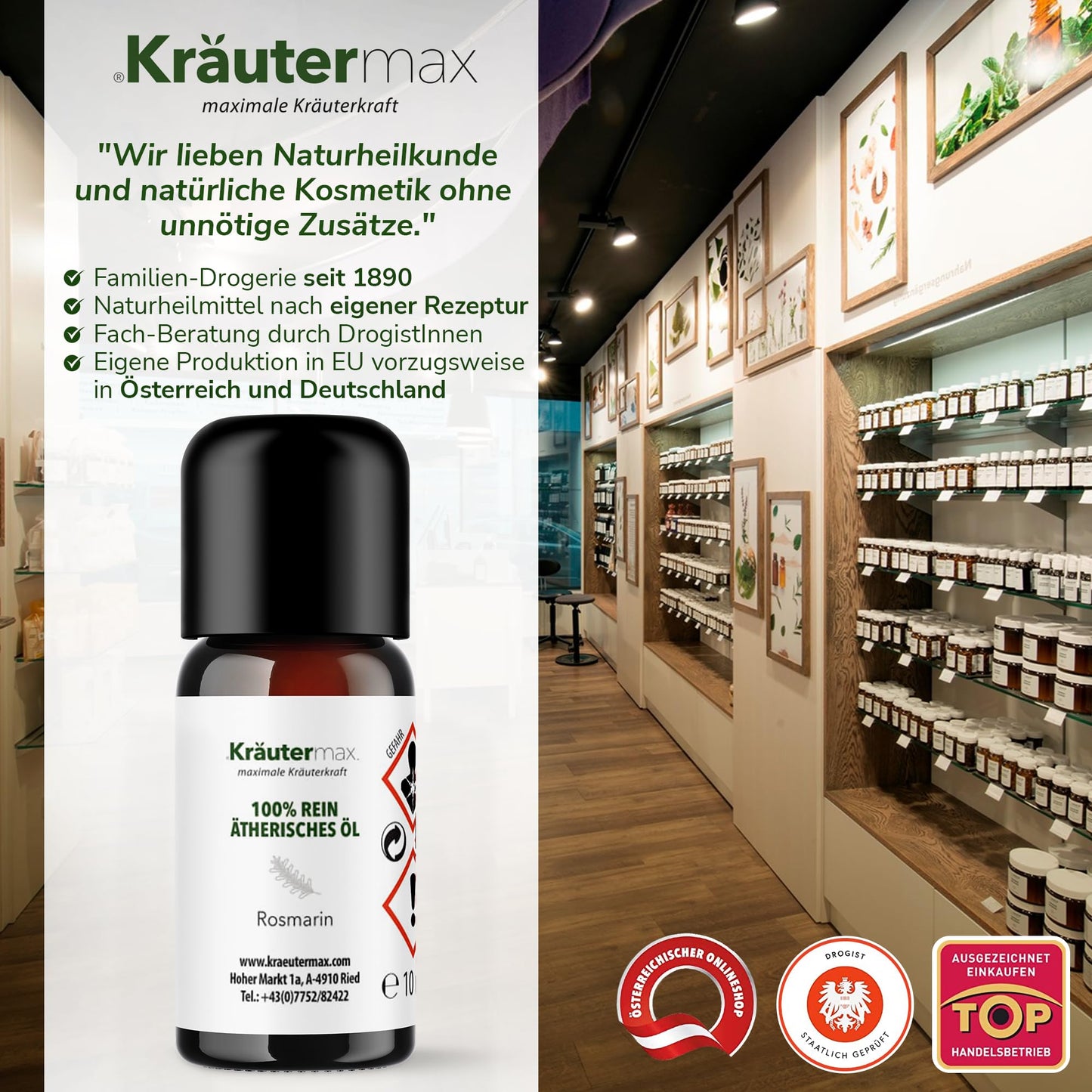 Flasche Rosmarinöl ätherisches Öl im Drogeriegeschäft, Naturkosmetik, Regale im Hintergrund